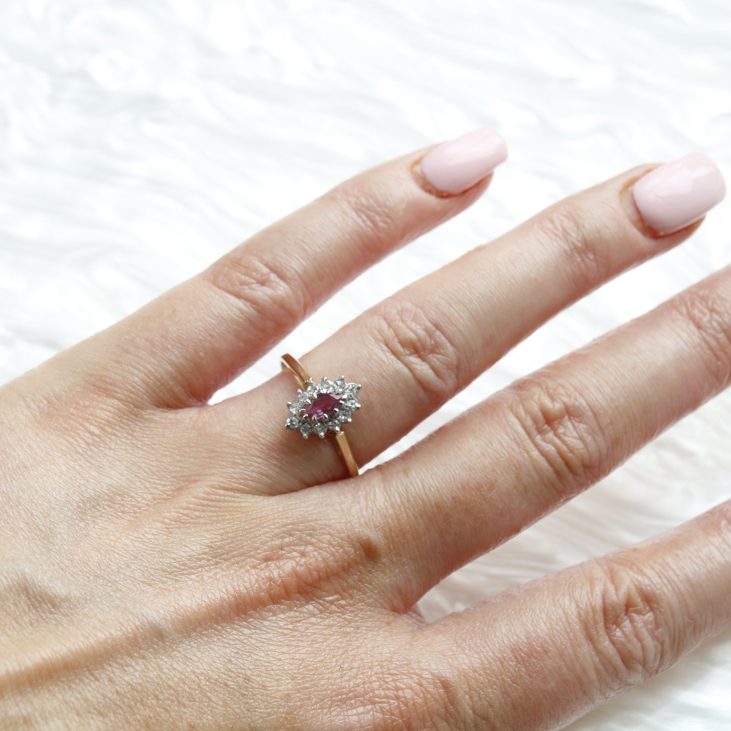 Pink Sapphire and Diamond Engagement Ring, Yellow Gold. Marquise Cut Pink Sapphire preowned.