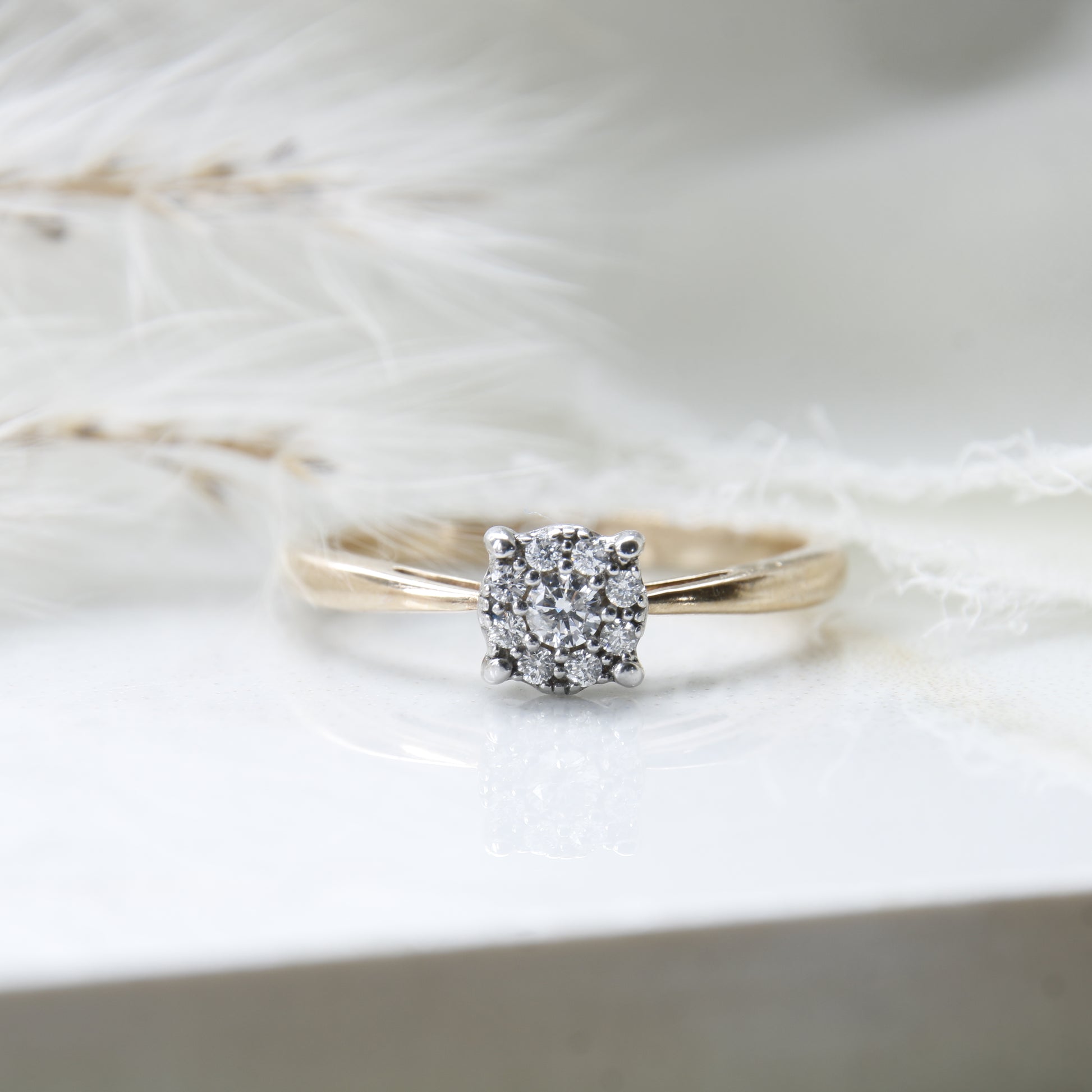 Preowned diamond cluster ring. Made up of 9 round brilliant cut diamonds each of excellent colour and clarity this ring sparkles perfectly.