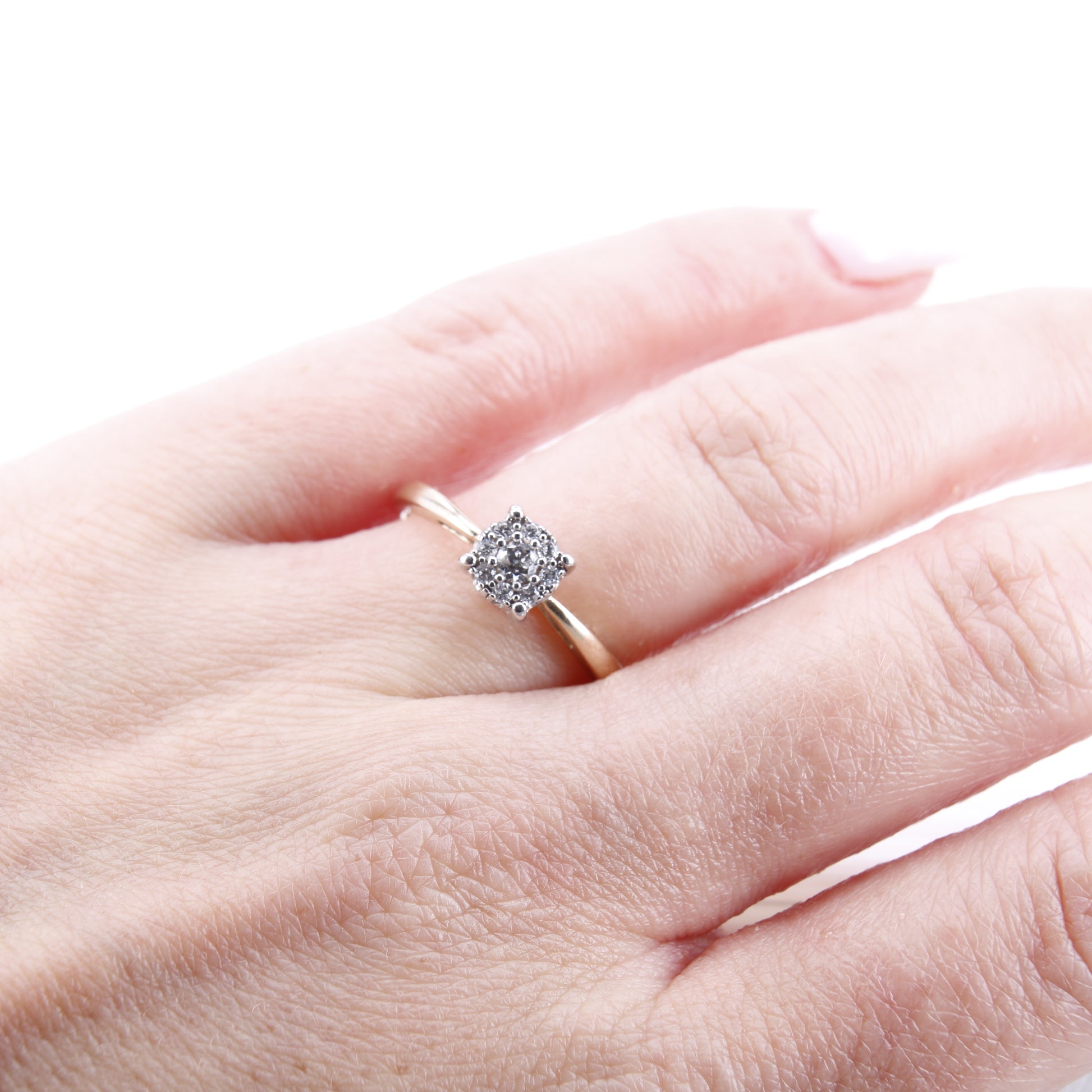 Preowned diamond cluster ring. Made up of 9 round brilliant cut diamonds each of excellent colour and clarity this ring sparkles perfectly.