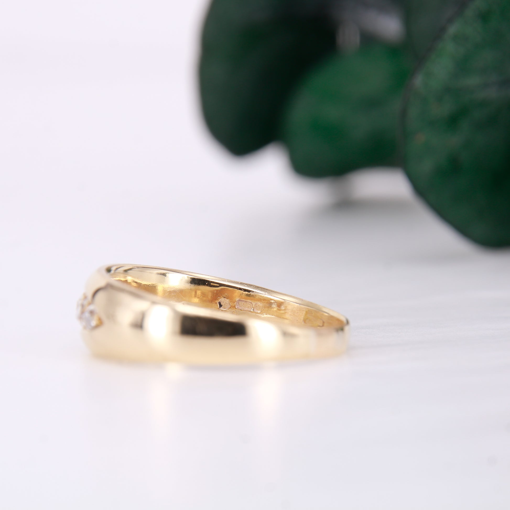 Vintage Diamond Gypsy Ring, 5 Old mine Cut Diamond Ring. 14ct second hand vintage diamond wedding band. Hallmark image