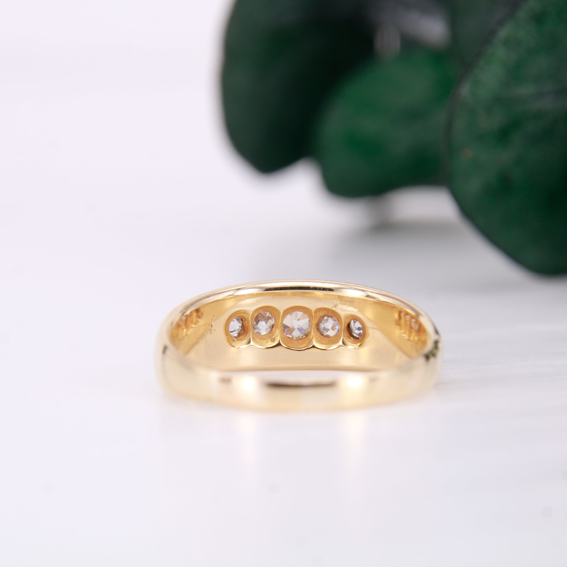 Vintage Diamond Gypsy Ring, 5 Old mine Cut Diamond Ring. 14ct second hand vintage diamond wedding band.