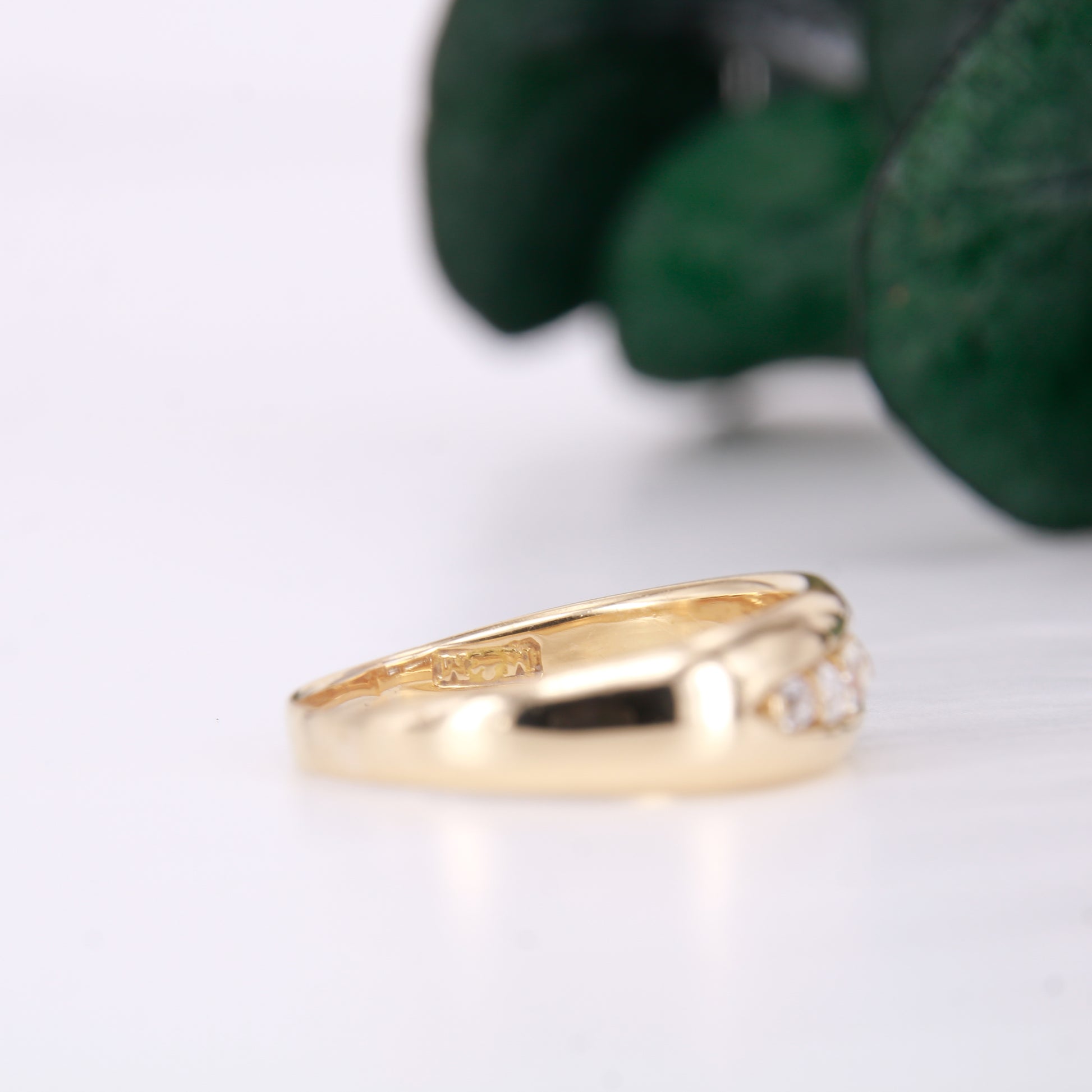 Vintage Diamond Gypsy Ring, 5 Old mine Cut Diamond Ring. 14ct second hand vintage diamond wedding band.