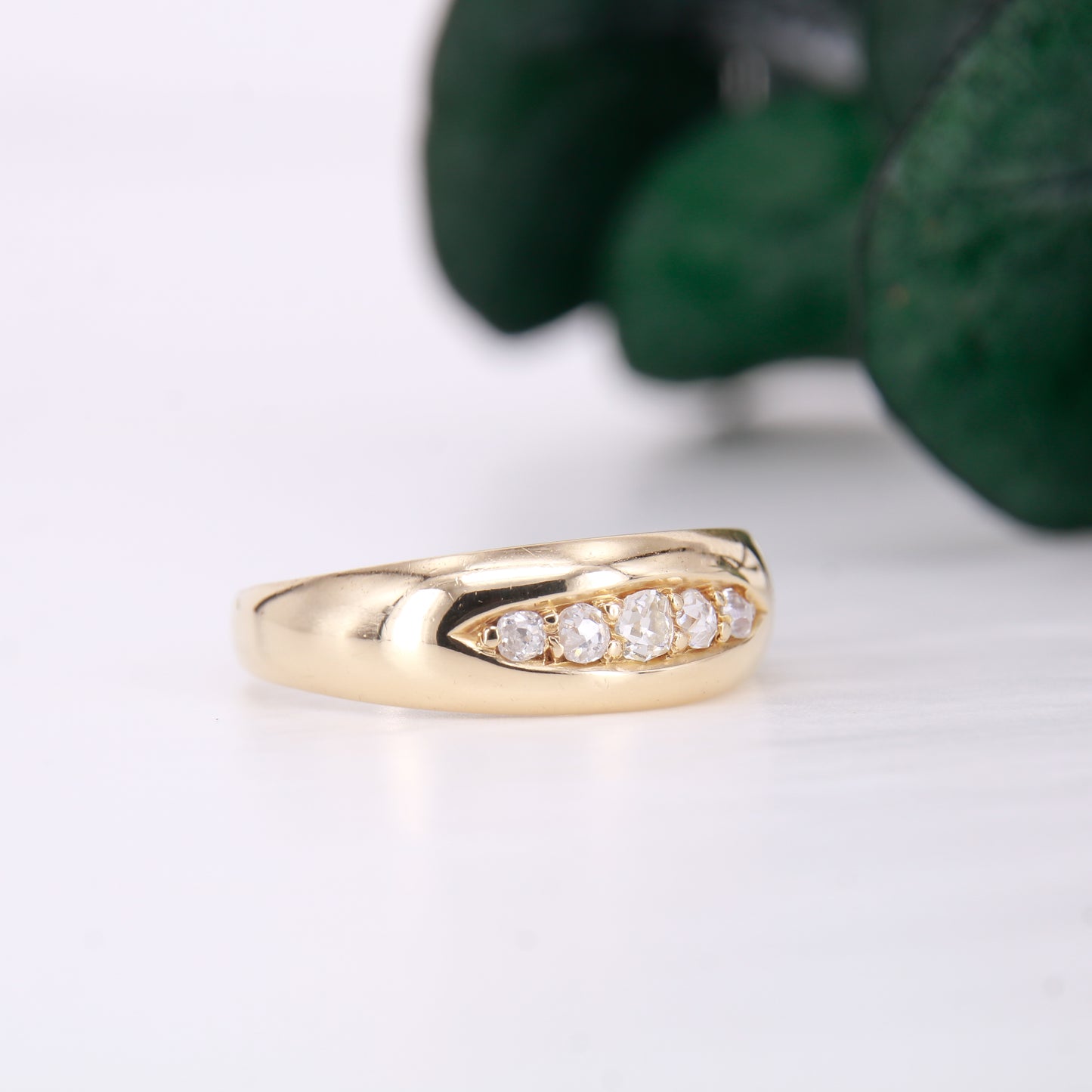 Vintage Diamond Gypsy Ring, 5 Old mine Cut Diamond Ring. 14ct second hand vintage diamond wedding band.