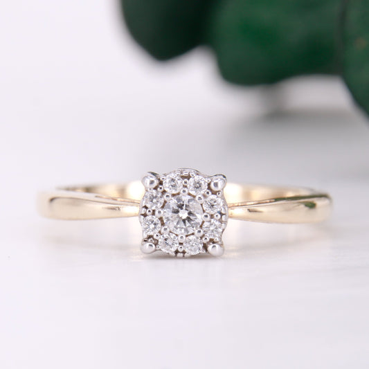 Preowned diamond cluster ring. Made up of 9 round brilliant cut diamonds each of excellent colour and clarity this ring sparkles perfectly.