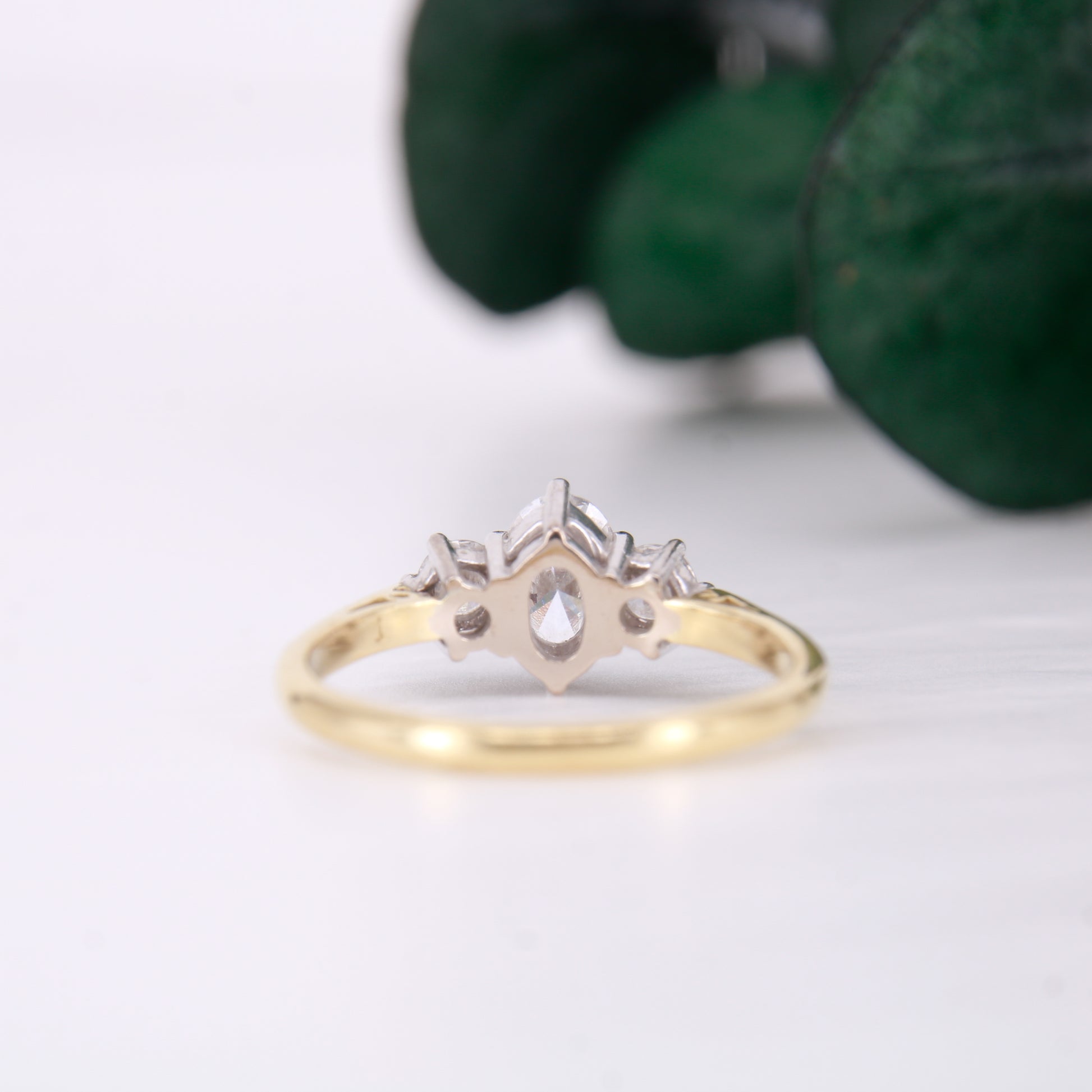 18ct yellow gold oval diamond engagement ring. Three stone oval diamond engagement ring. 