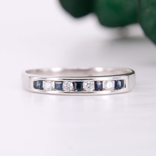 Vintage Secondhand Sapphire and Diamond Eternity Ring 9ct White Gold,9k Sapphire Diamond Wedding Band