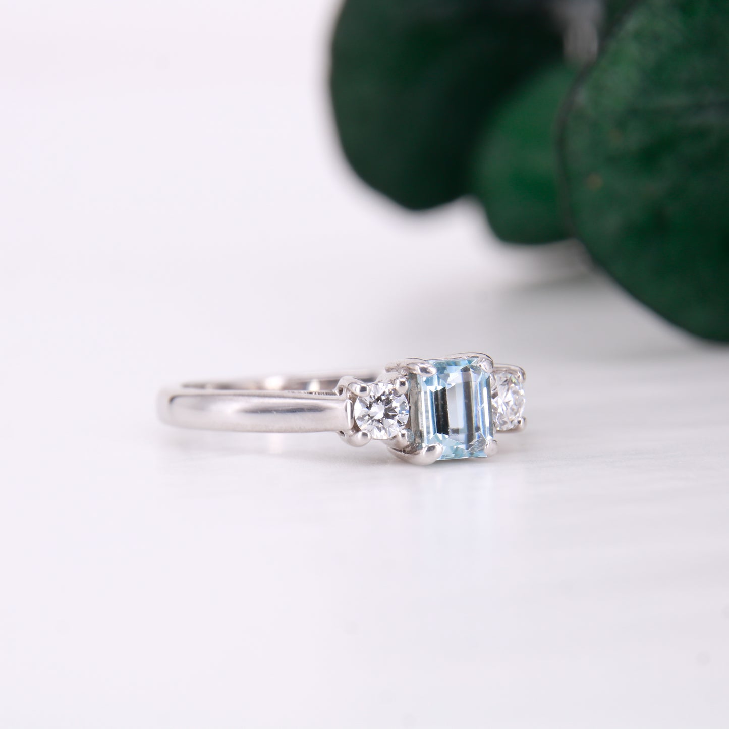 Aquamarine and Diamond Three Stone Trilogy Ring, Aquamarine engagement ring. 