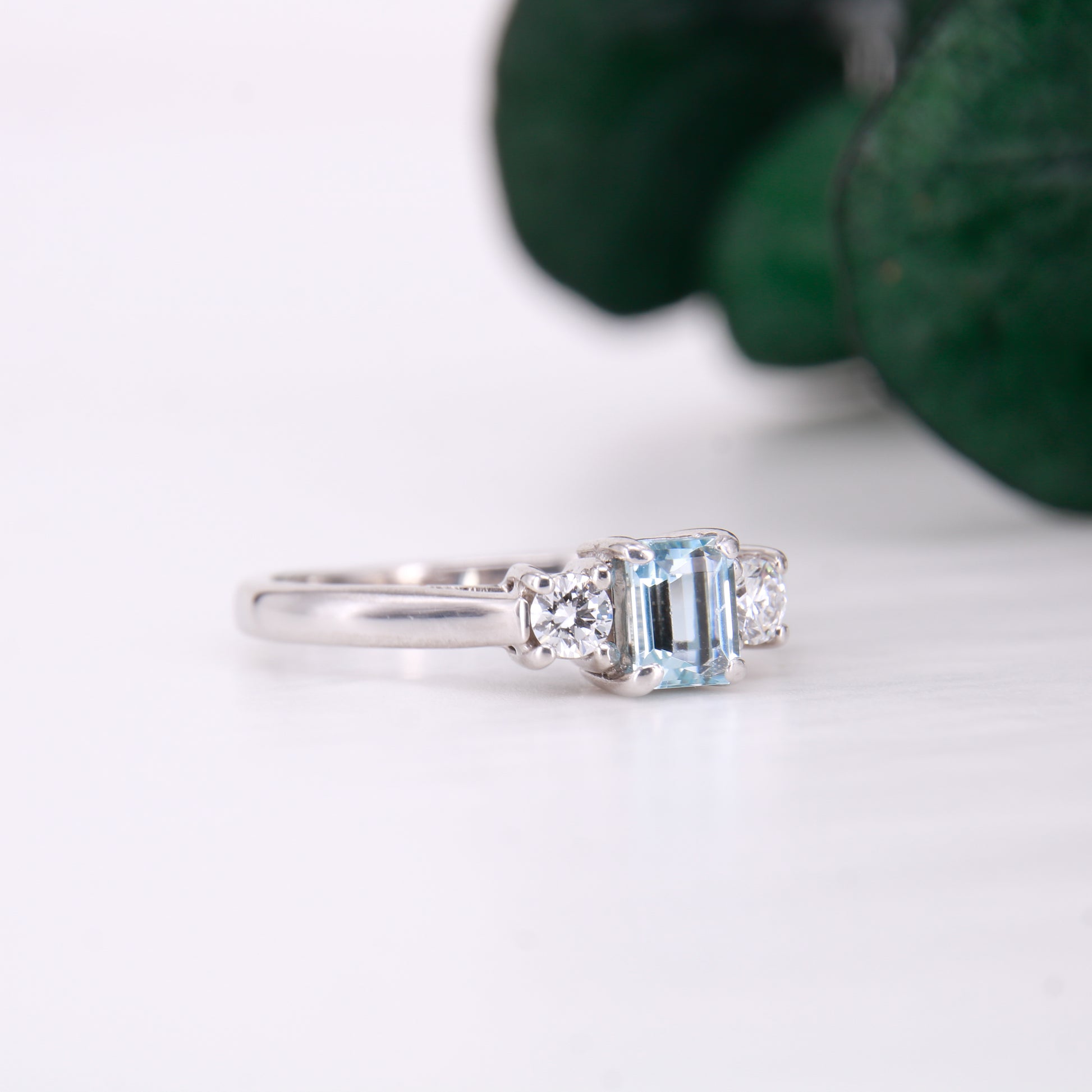 Aquamarine and Diamond Three Stone Trilogy Ring, Aquamarine engagement ring. 