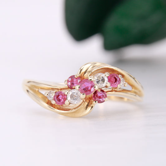 Secondhand Vintage Ruby and Diamond Twist ring. Ruby eternity ring 9ct yellow gold.