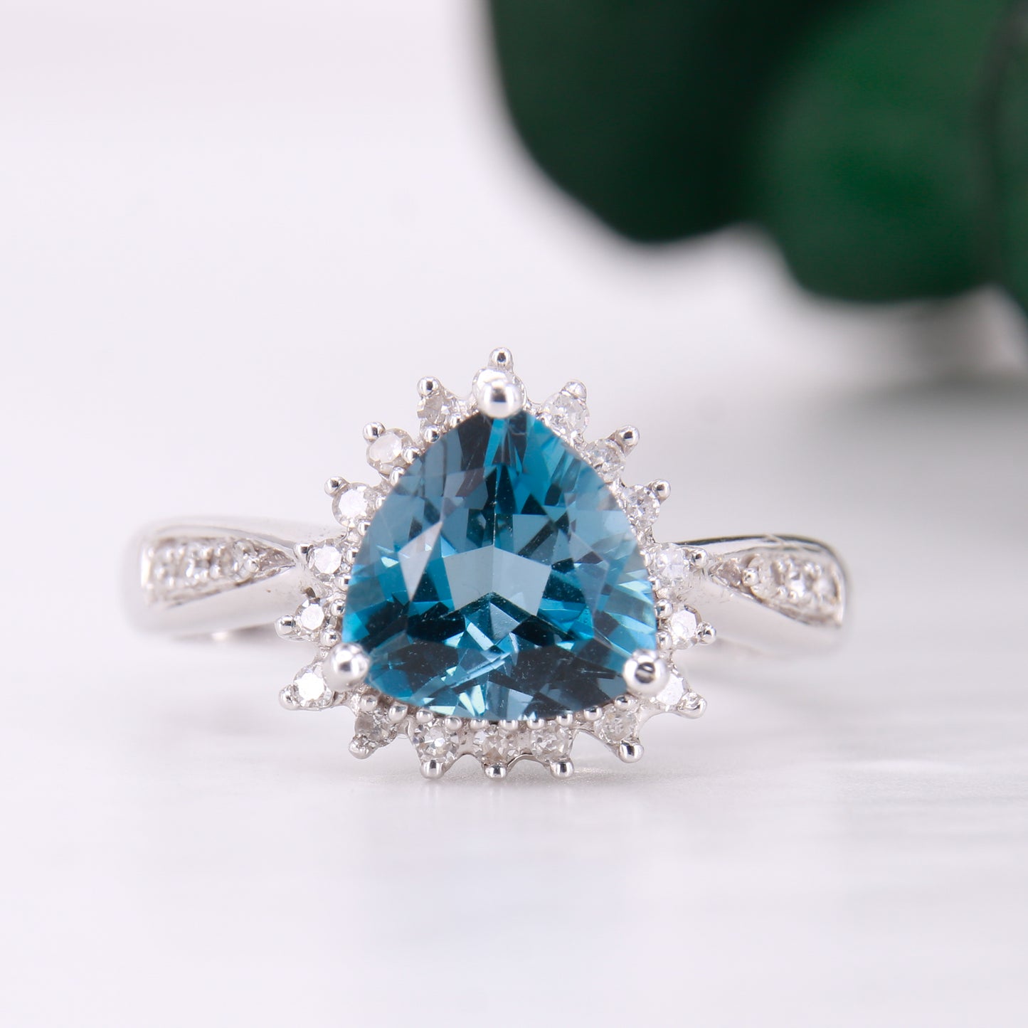 9ct White Gold Trillion Cut Blue Topaz and Diamond Ring
