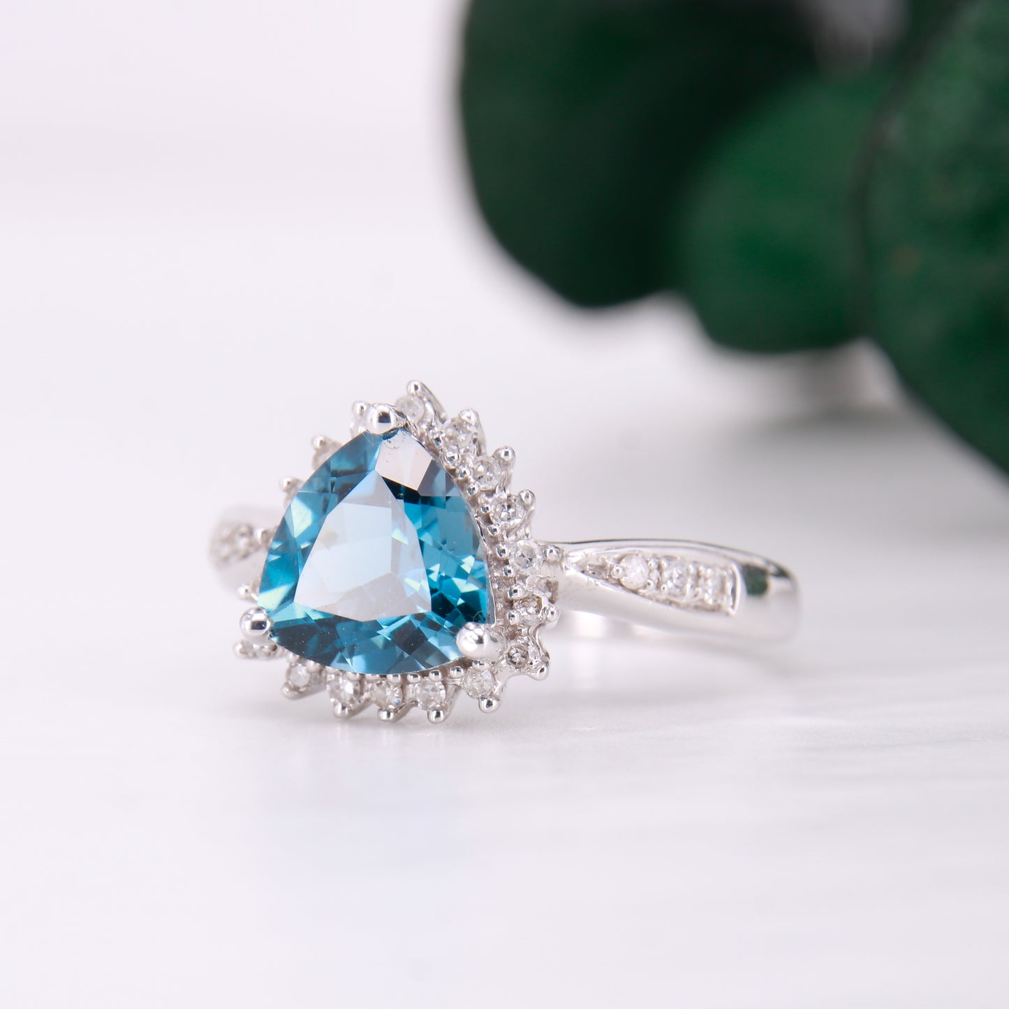 9ct White Gold Trillion Cut Blue Topaz and Diamond Ring
