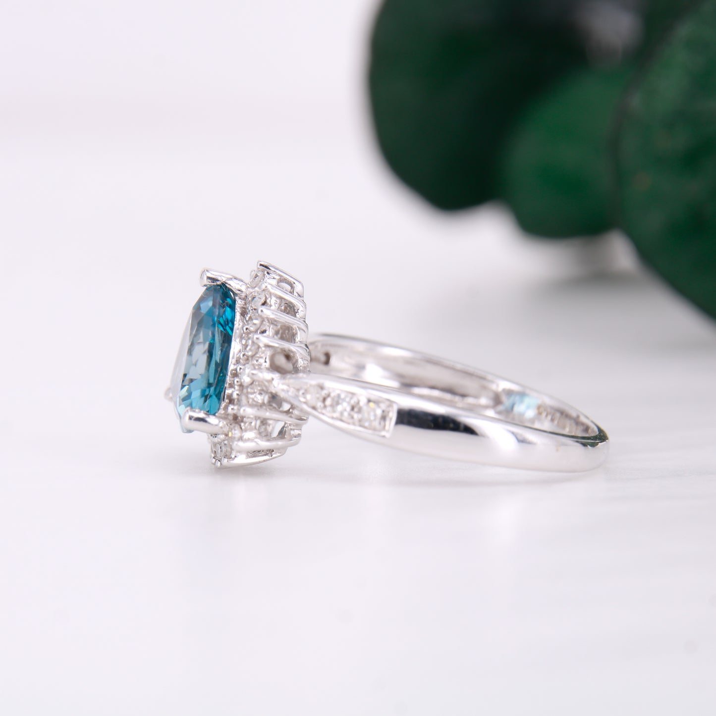 9ct White Gold Trillion Cut Blue Topaz and Diamond Ring