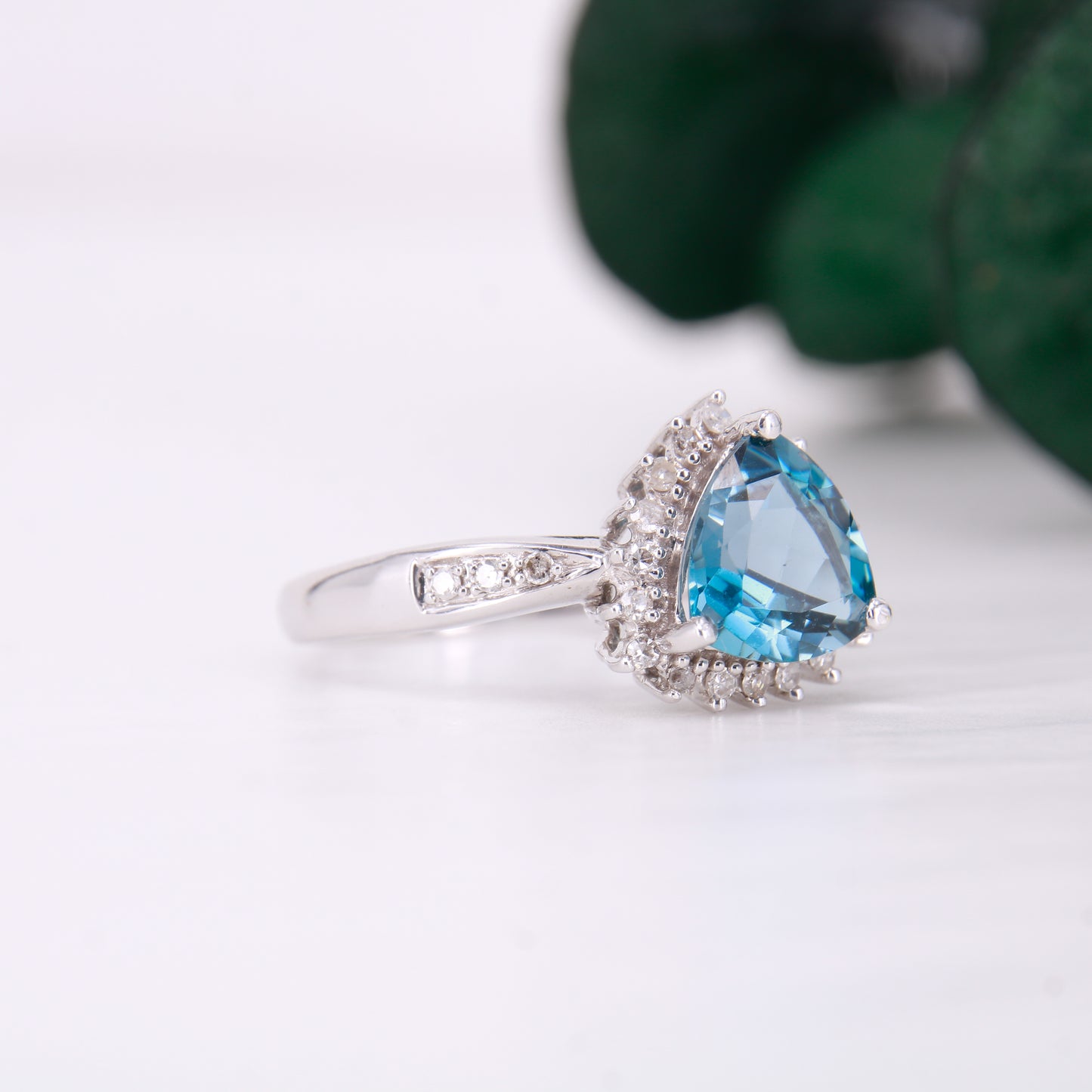 9ct White Gold Trillion Cut Blue Topaz and Diamond Ring