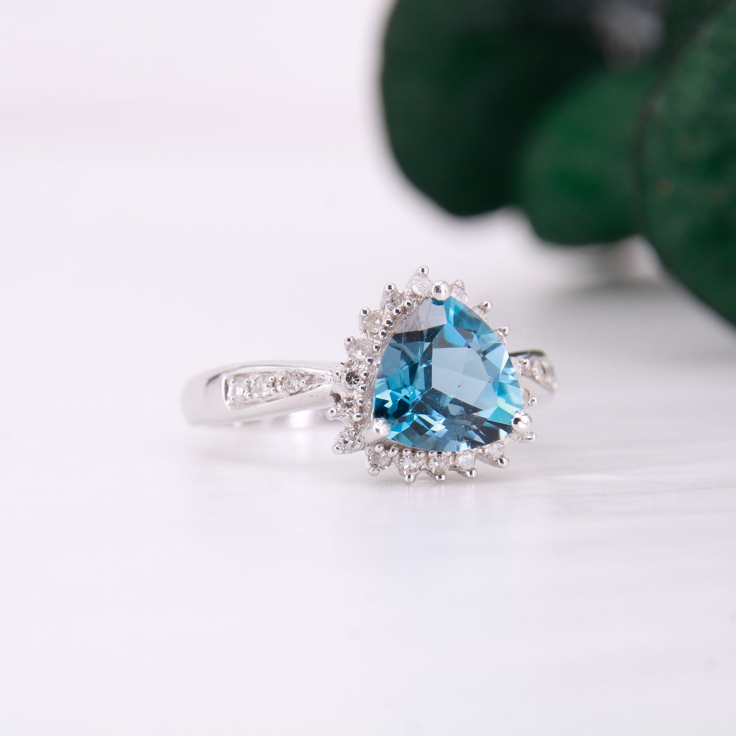 9ct White Gold Trillion Cut Blue Topaz and Diamond Ring