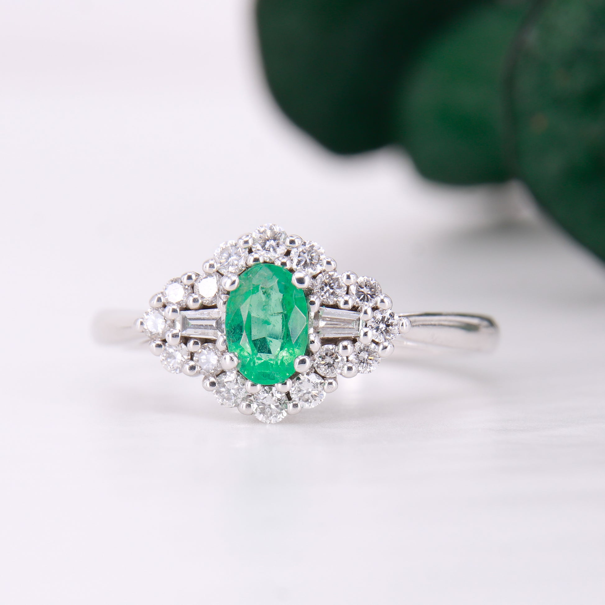 Vintage Emerald and Diamond Ring 18ct White Gold