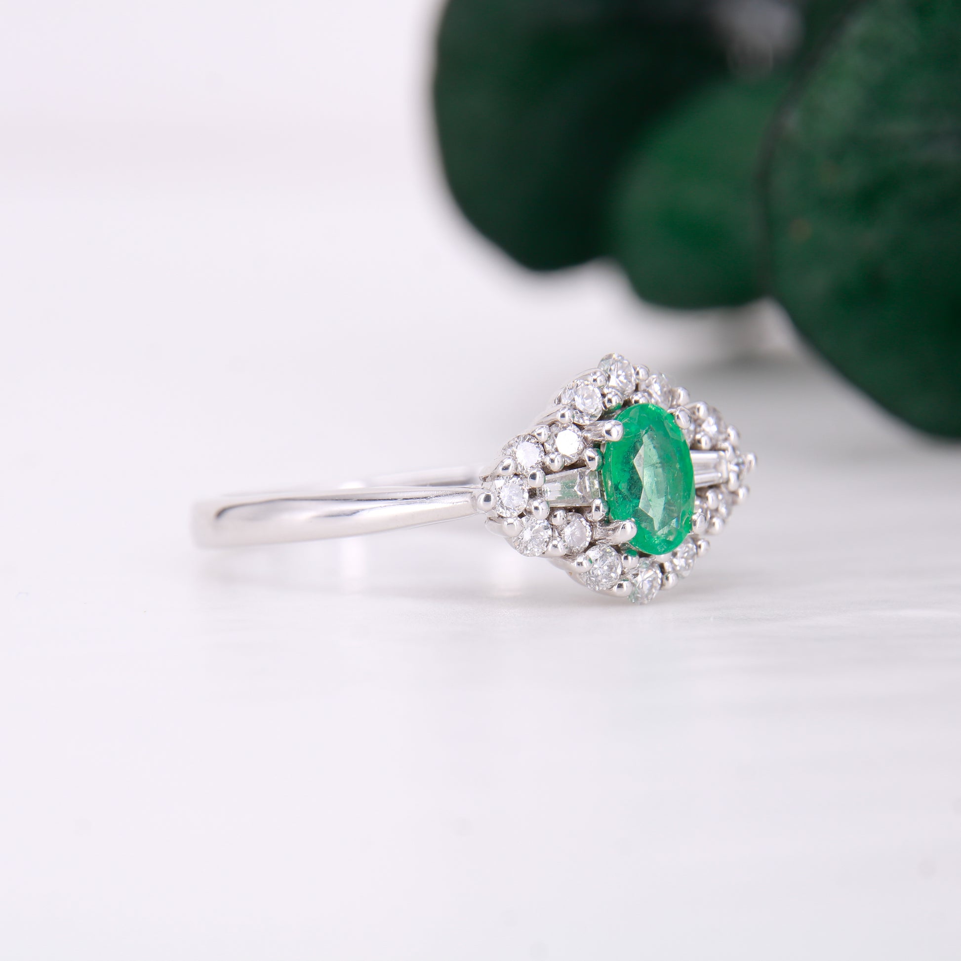 Vintage Emerald and Diamond Ring 18ct White Gold