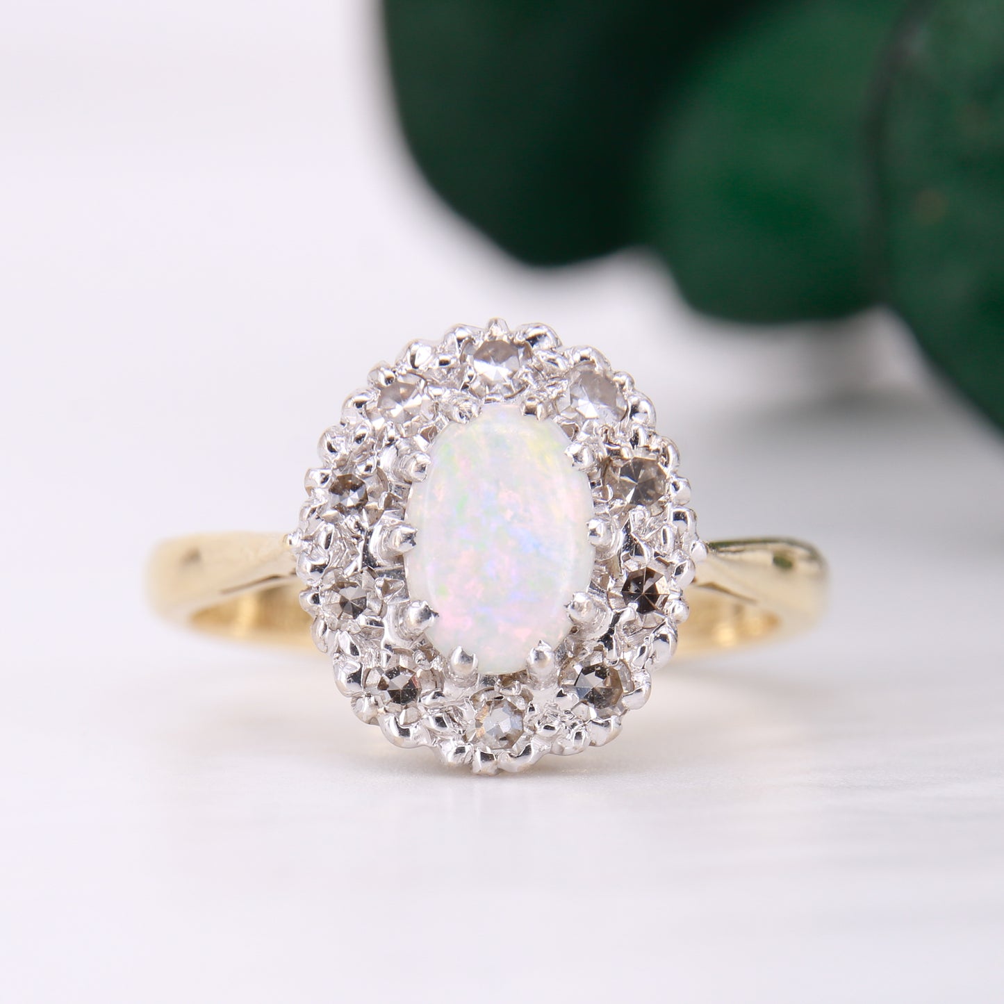 Opal and Diamond Halo Ring 18ct Yellow Gold. Vintage Opal and Diamond Ring
