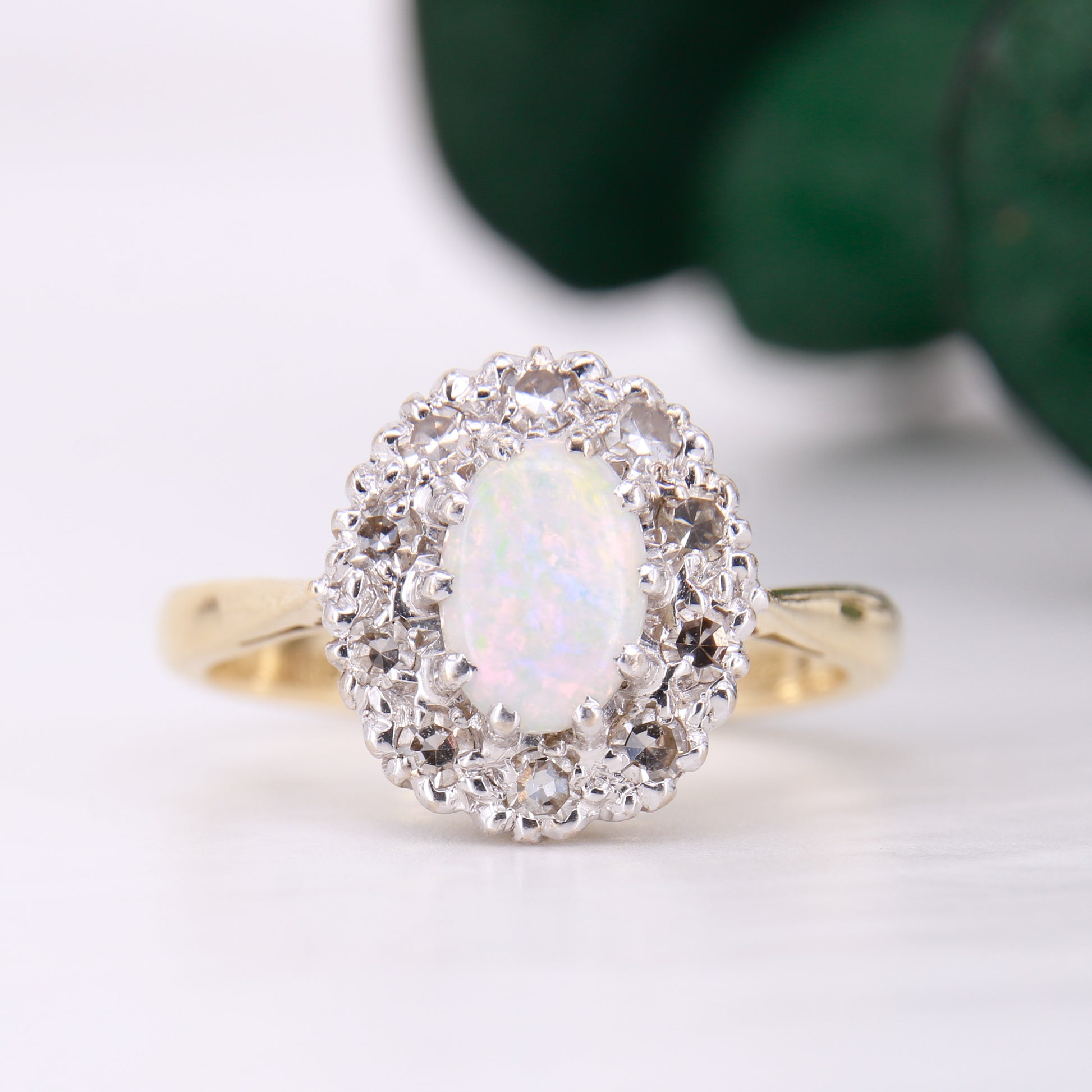 Opal and Diamond Halo Ring 18ct Yellow Gold. Vintage Opal and Diamond Ring