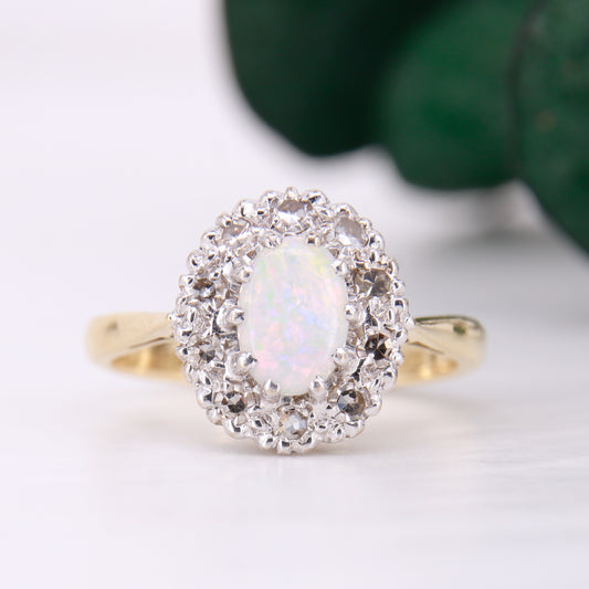 Opal and Diamond Halo Ring 18ct Yellow Gold. Vintage Opal and Diamond Ring