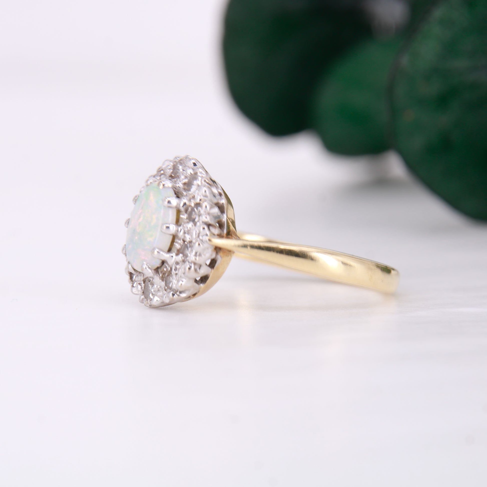 Opal and Diamond Halo Ring 18ct Yellow Gold. Vintage Opal and Diamond Ring