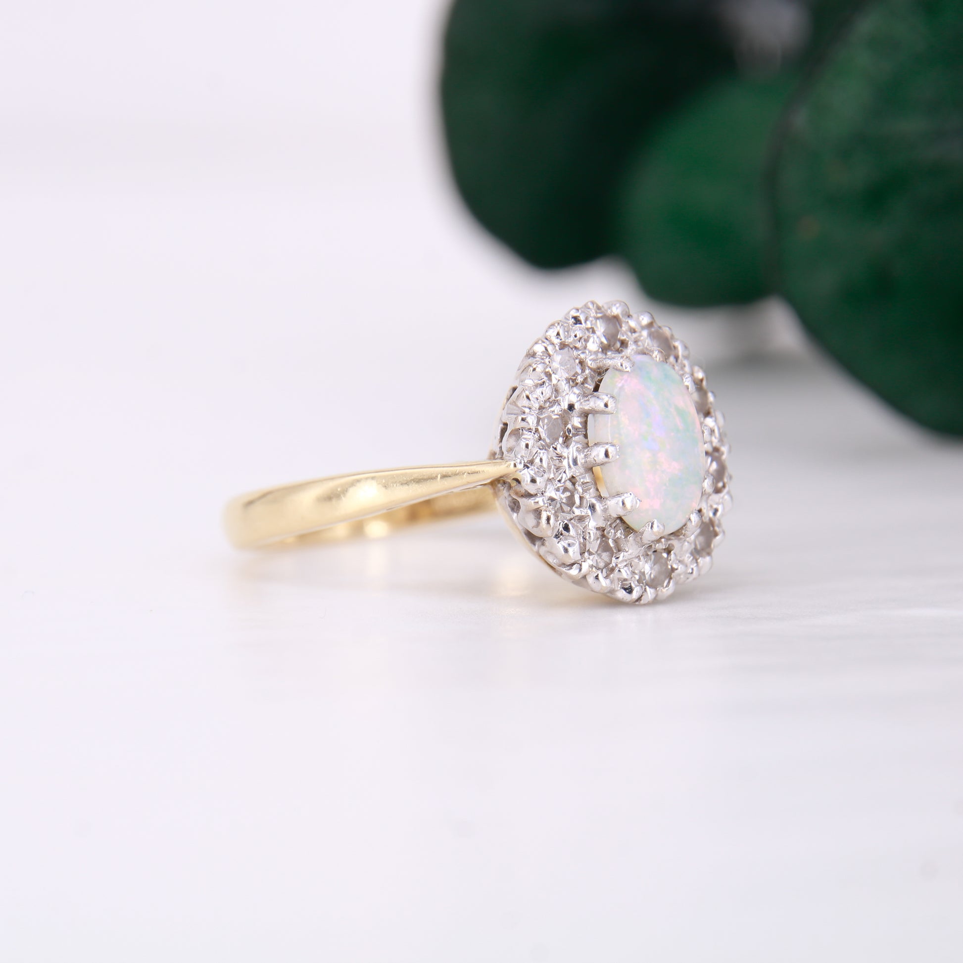 Opal and Diamond Halo Ring 18ct Yellow Gold. Vintage Opal and Diamond Ring