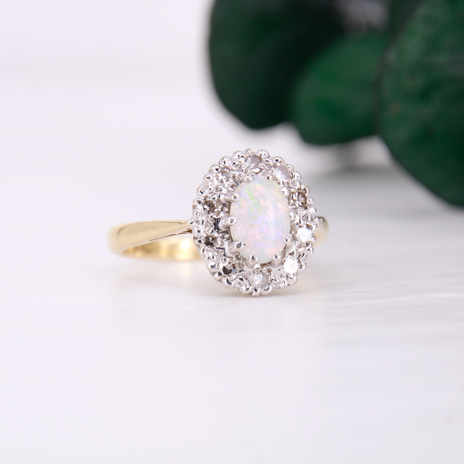 Opal and Diamond Halo Ring 18ct Yellow Gold. Vintage Opal and Diamond Ring