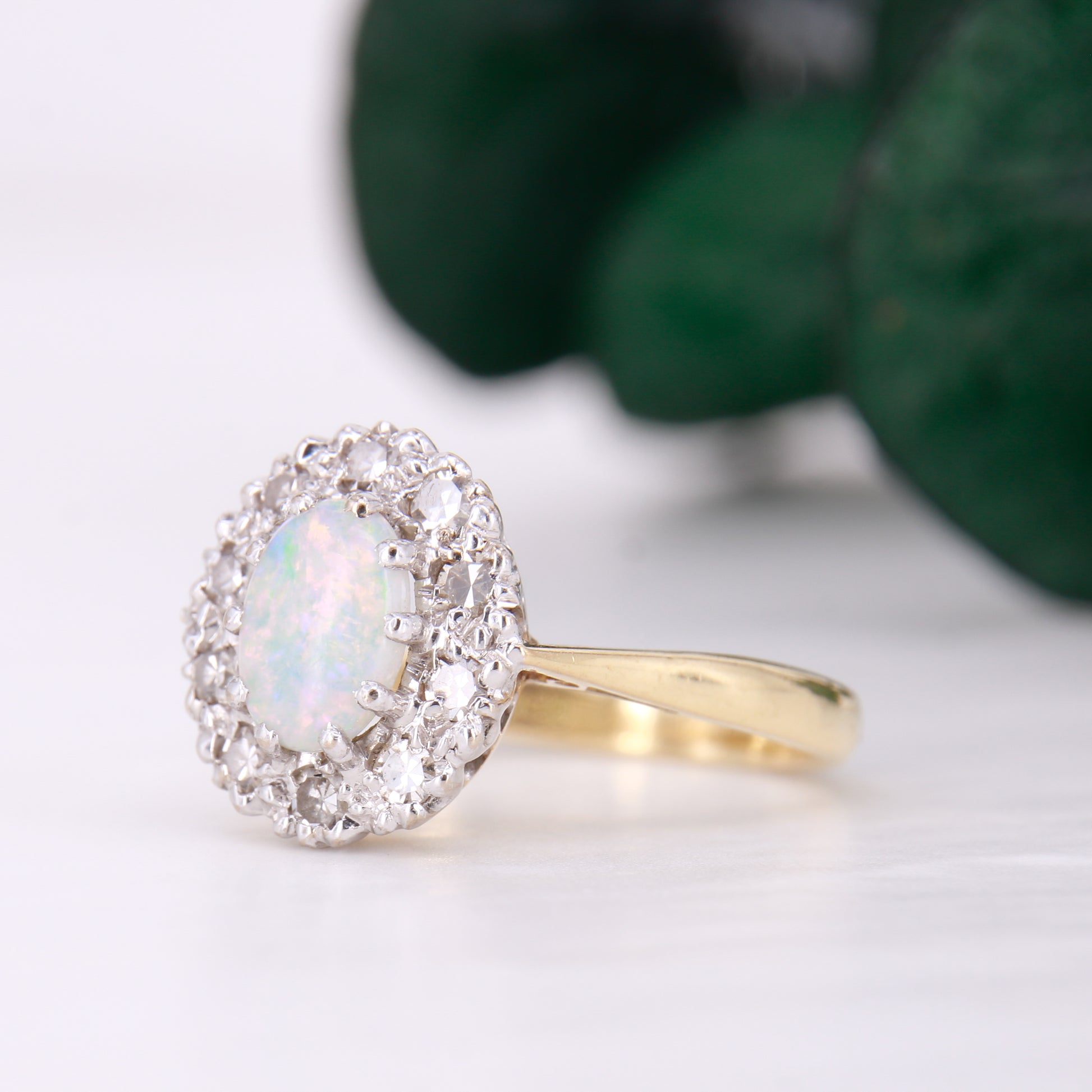 Opal and Diamond Halo Ring 18ct Yellow Gold. Vintage Opal and Diamond Ring