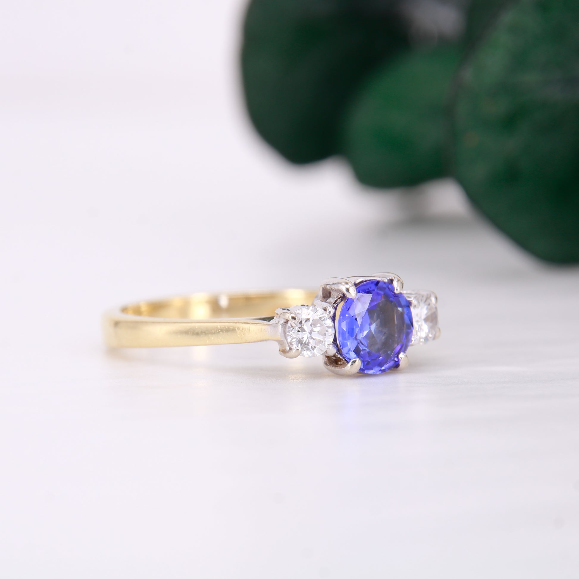 Rare Preowned Tanzanite and Diamond Trilogy Ring 18ct Yellow Gold Second hand Tanzanite Trilogy Ring