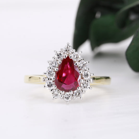 Ruby and Diamond 18ct Gold Pear Cut Ring Vintage Secondhand Pre-Owned Jewellery Front