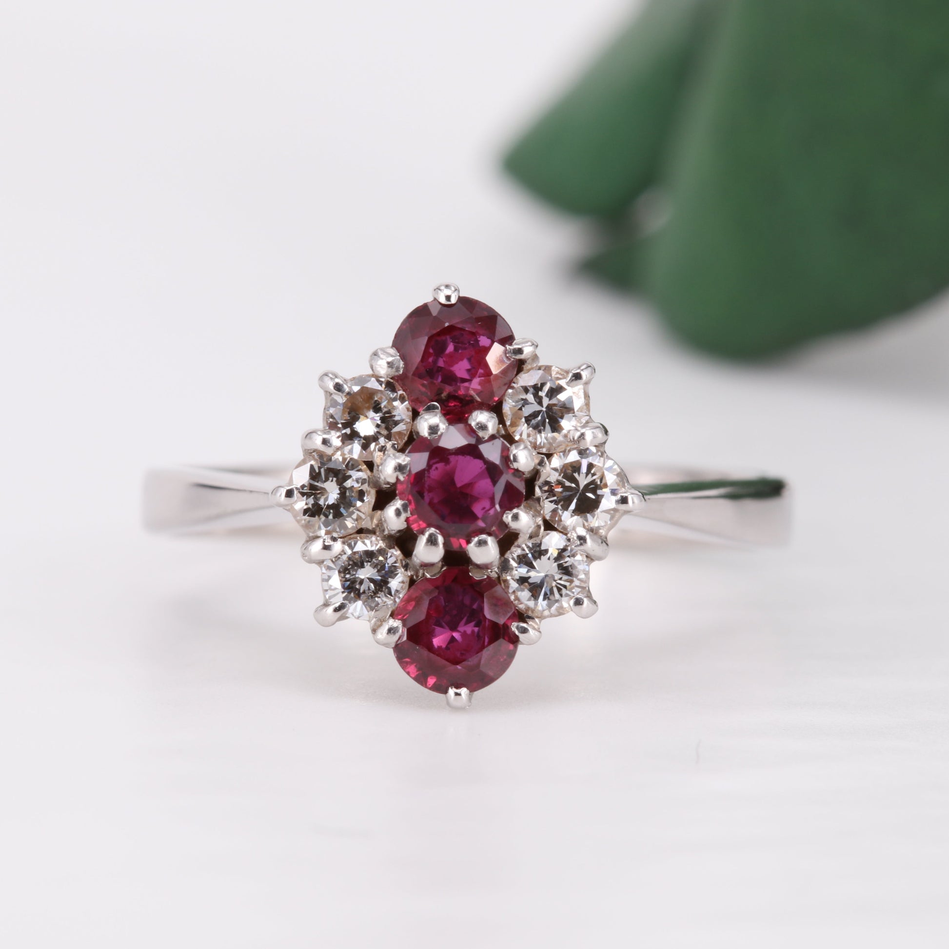 Ruby and Diamond Cluster 18ct Gold Ring 1977 Vintage Secondhand Pre-Owned Jewellery Front