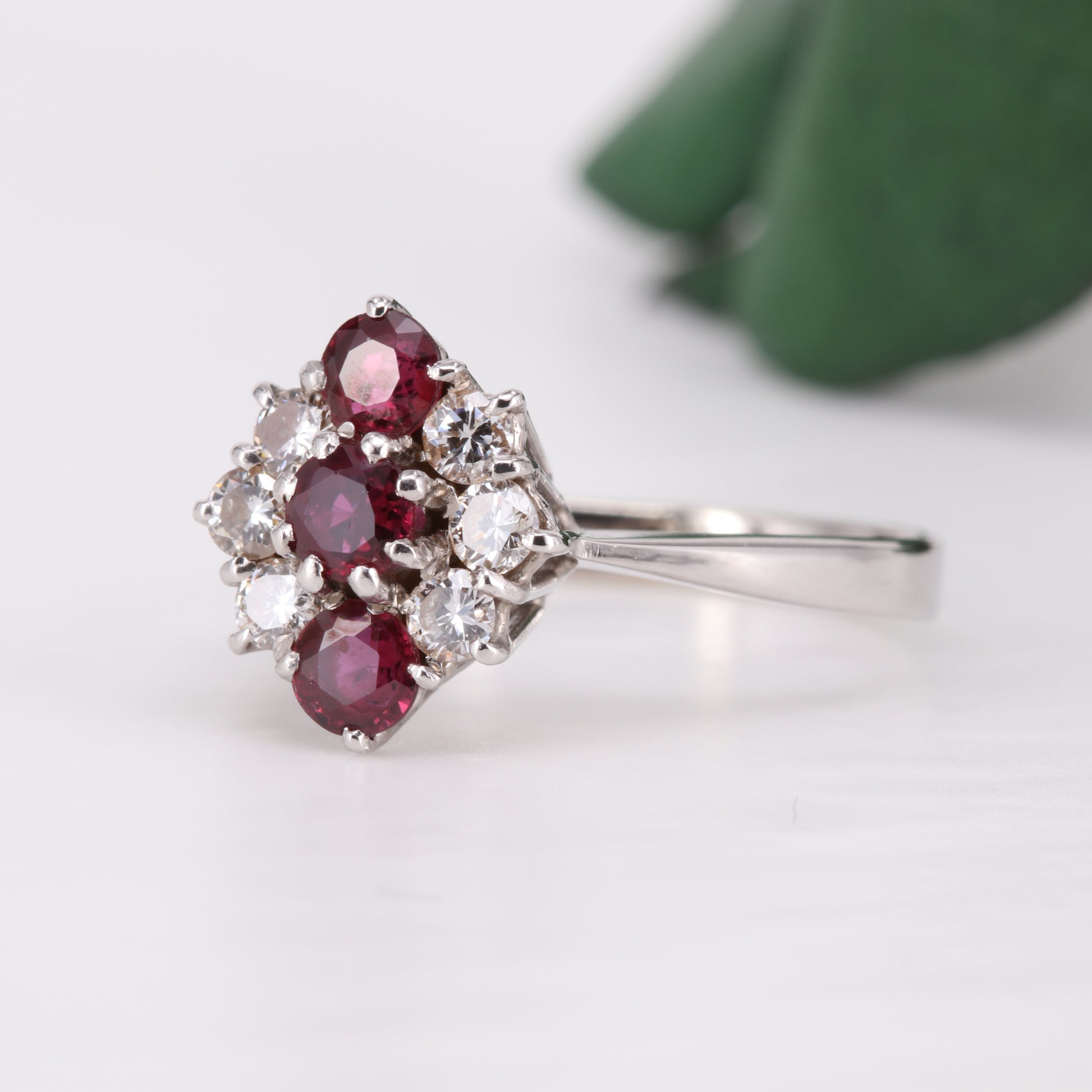 Ruby and Diamond Cluster 18ct Gold Ring 1977 Vintage Secondhand Pre-Owned Jewellery Side 1