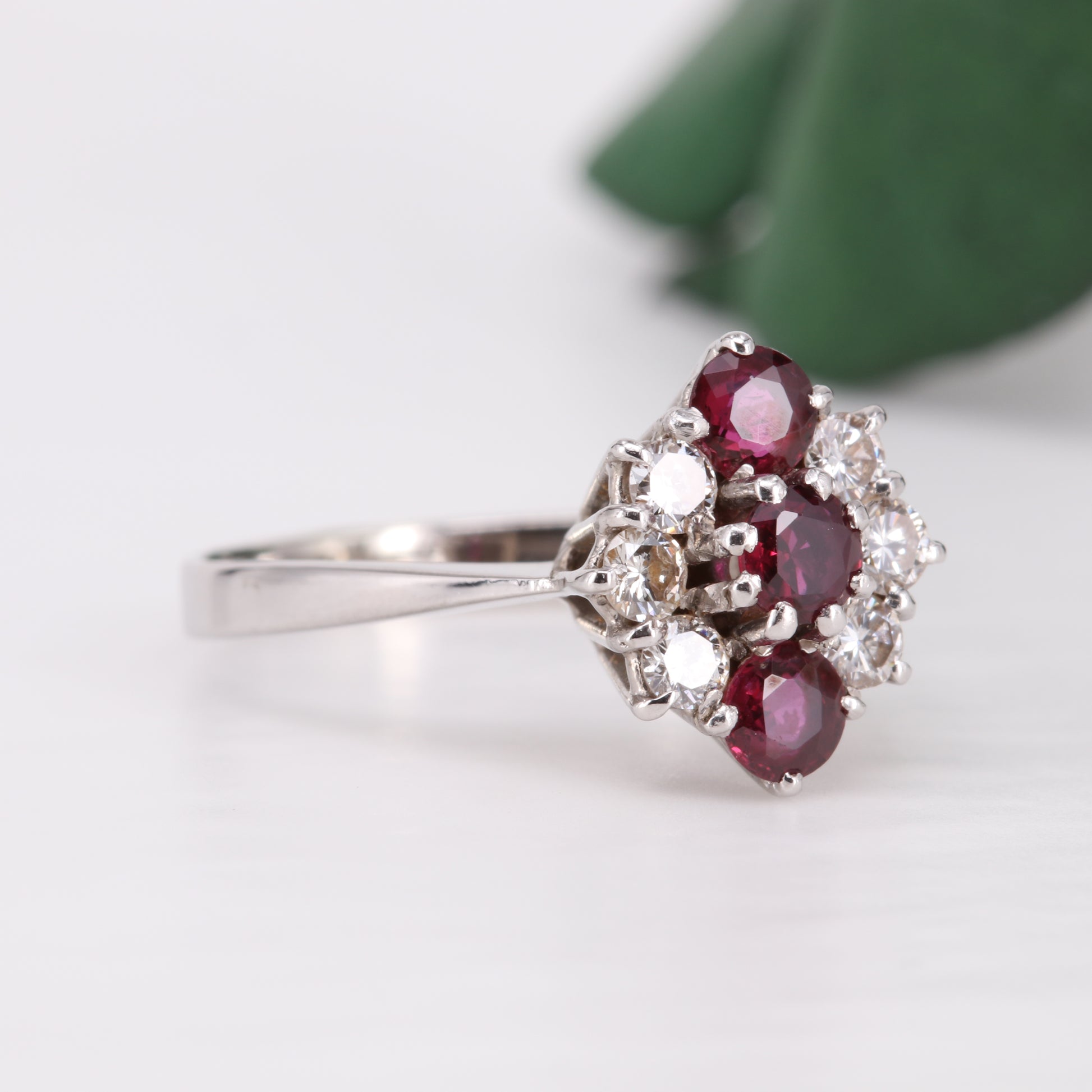 Ruby and Diamond Cluster 18ct Gold Ring 1977 Vintage Secondhand Pre-Owned Jewellery Side 2