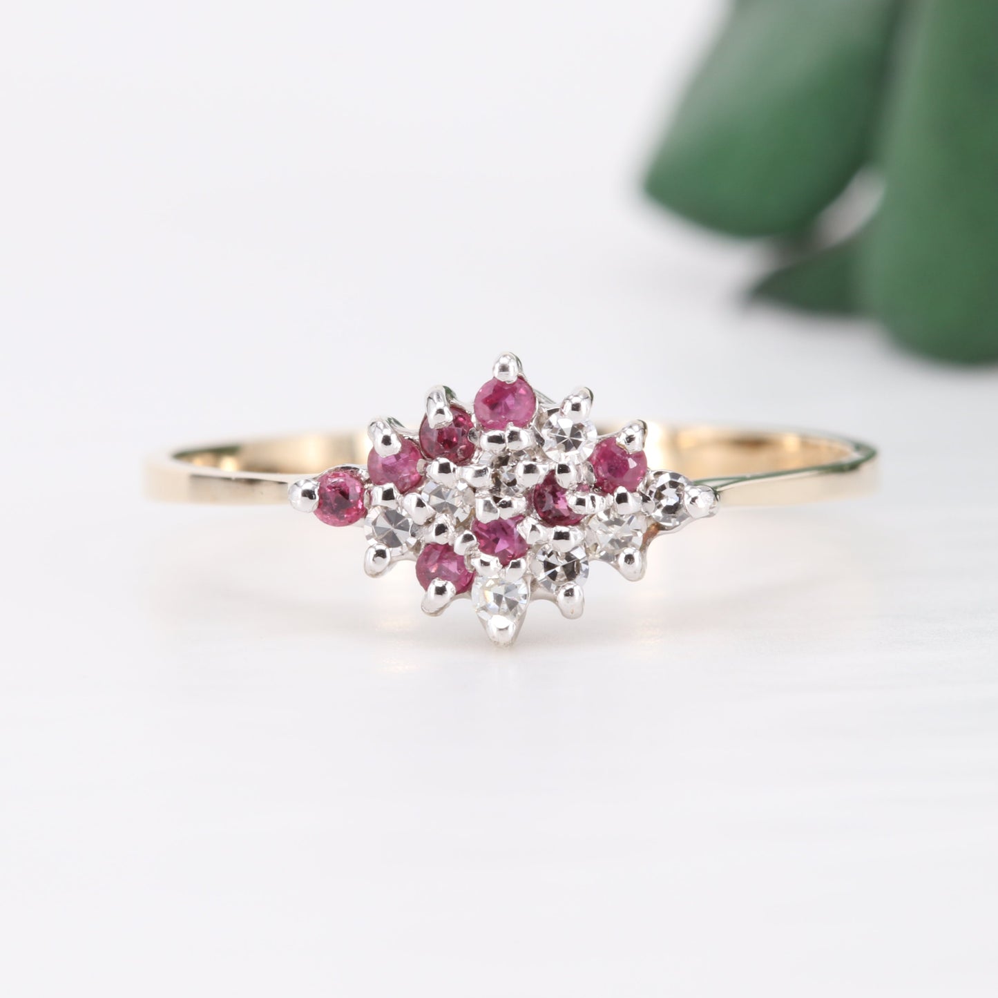Ruby and Diamond Cluster 9ct Gold Ring Vintage Secondhand Pre-Owned Jewellery Front