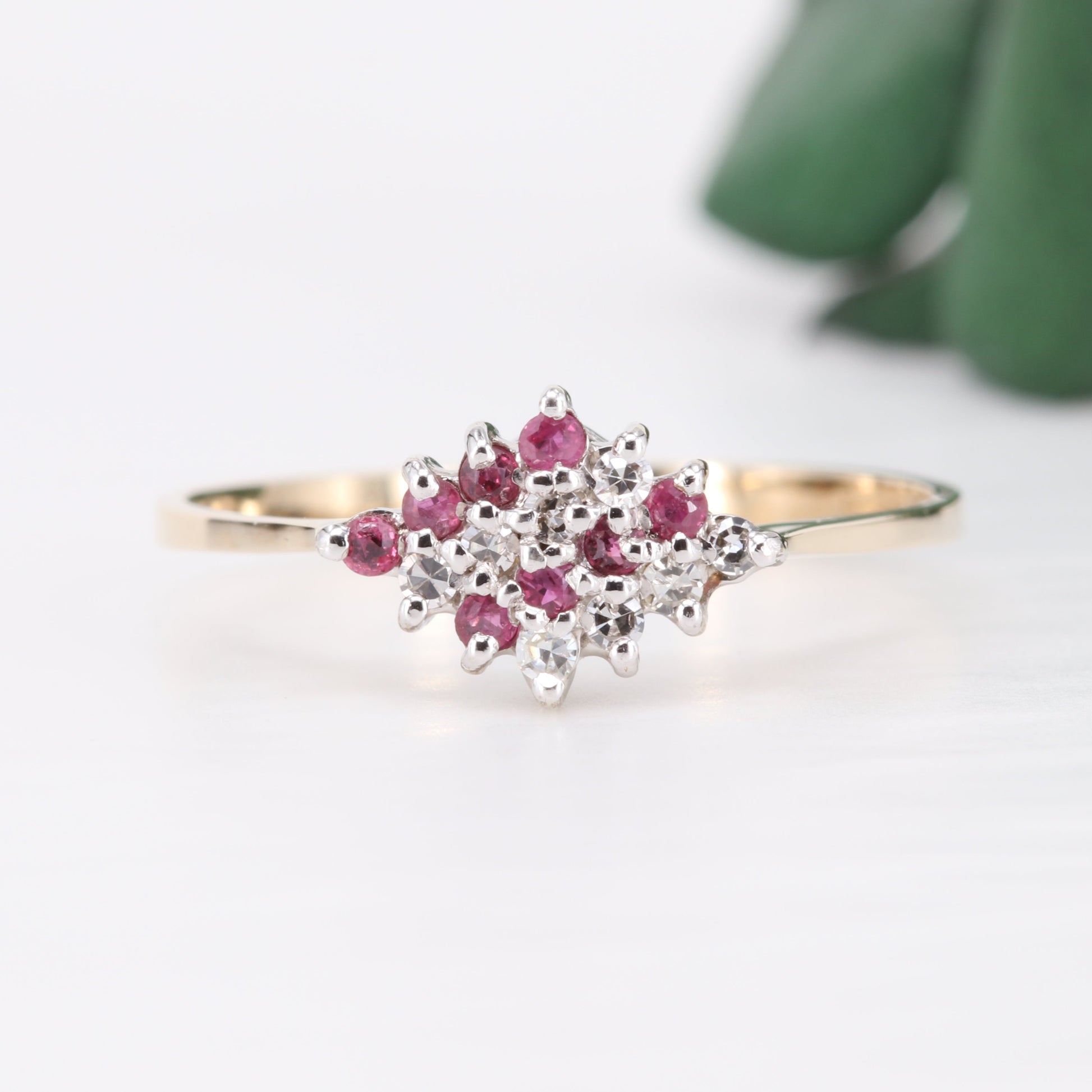 Ruby and Diamond Cluster 9ct Gold Ring Vintage Secondhand Pre-Owned Jewellery Front