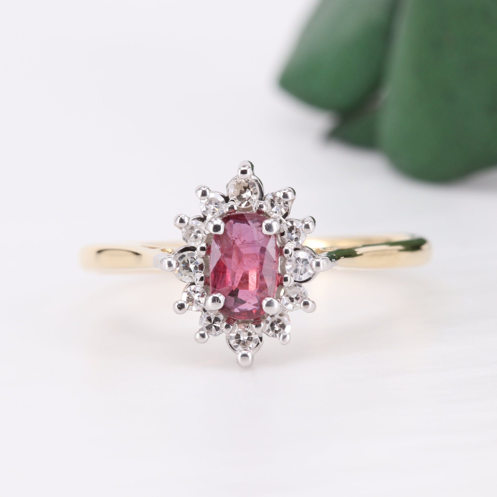 Ruby and Diamond Halo 18ct Gold Ring 1992 Vintage Secondhand Pre-Owned Jewellery Front