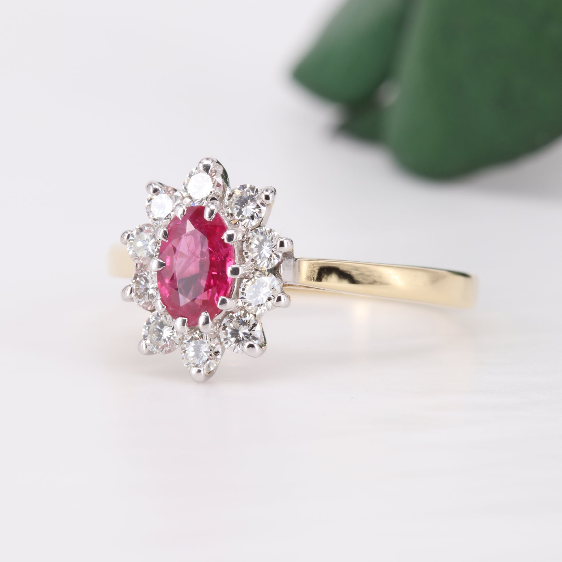Ruby and Diamond Halo 18ct Gold Ring Vintage Secondhand Pre-Owned Jewellery Side 1