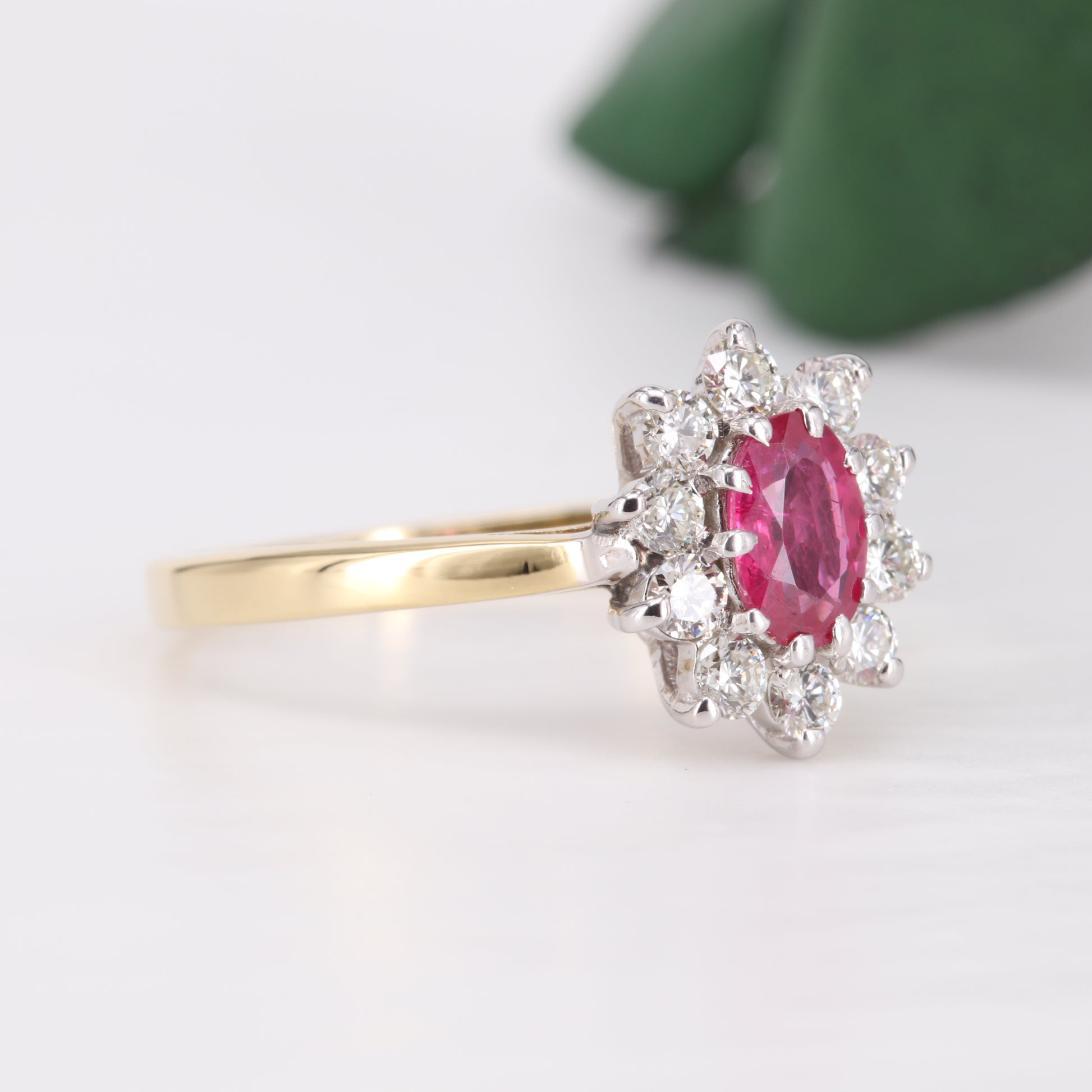 Ruby and Diamond Halo 18ct Gold Ring Vintage Secondhand Pre-Owned Jewellery Side 2