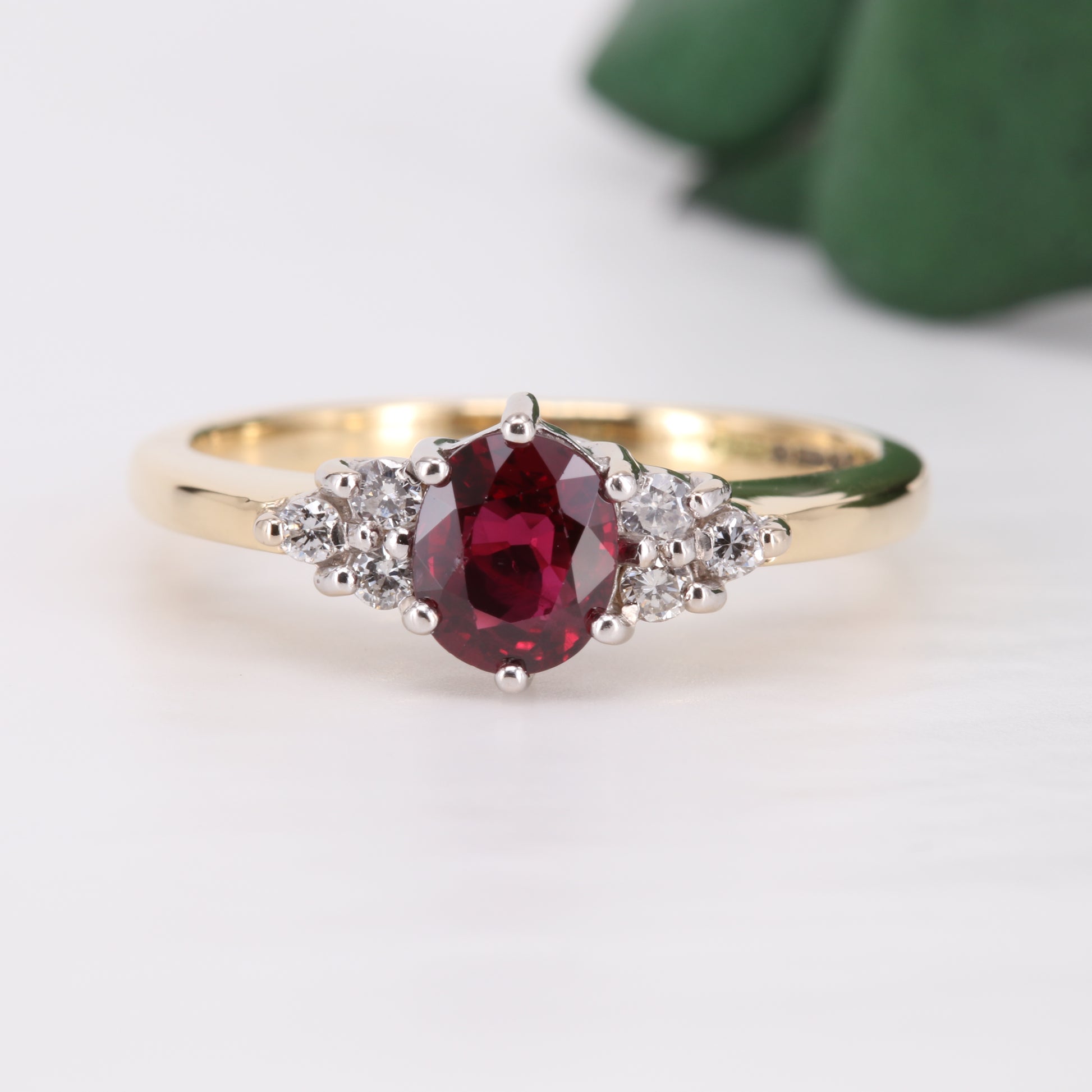 Ruby and Diamond Oval Cut 18ct Gold Ring 1994 Vintage Secondhand Pre-Owned Jewellery Front