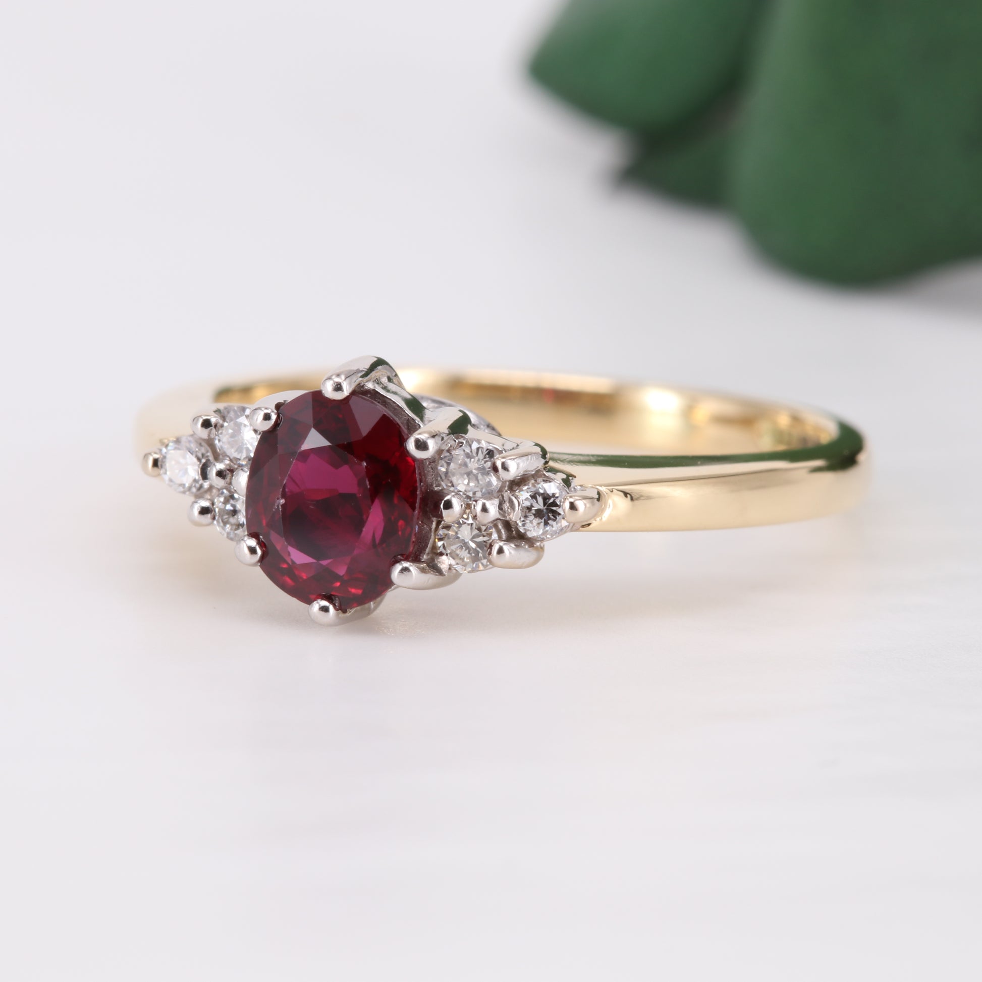 Ruby and Diamond Oval Cut 18ct Gold Ring 1994 Vintage Secondhand Pre-Owned Jewellery Side 1