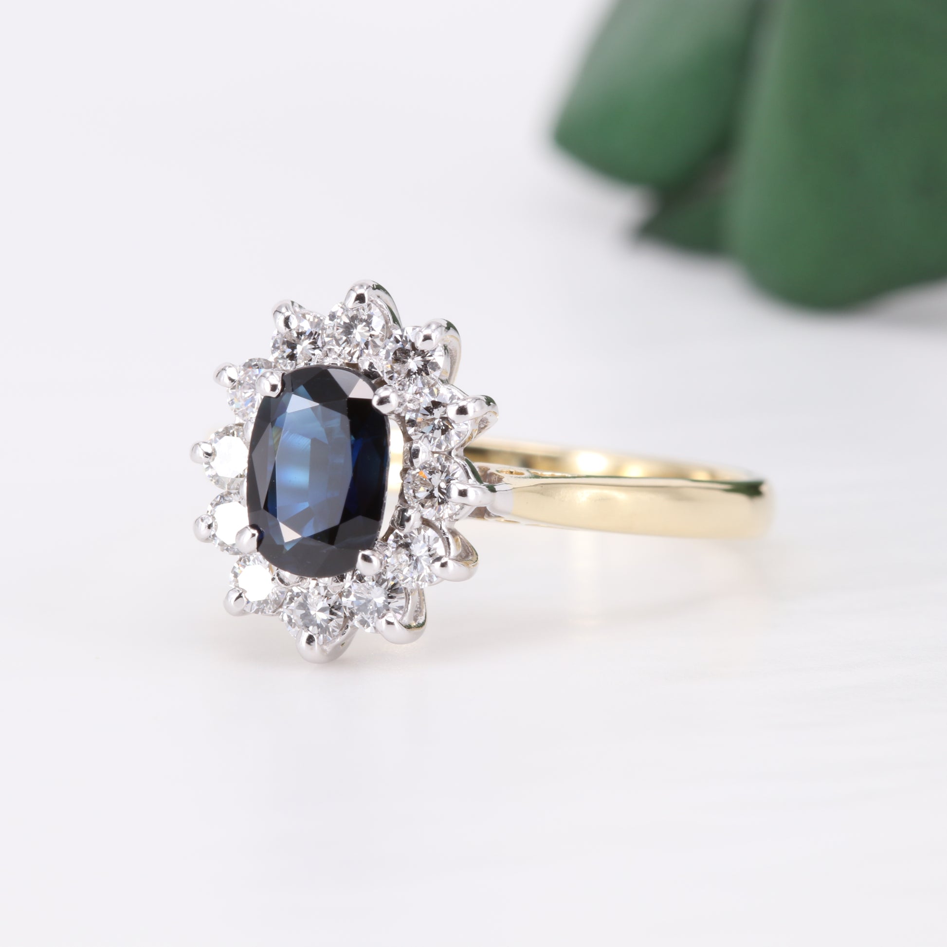 Sapphire and Diamond 18ct Gold Halo Ring Vintage Secondhand Pre-Owned Jewellery Side 1
