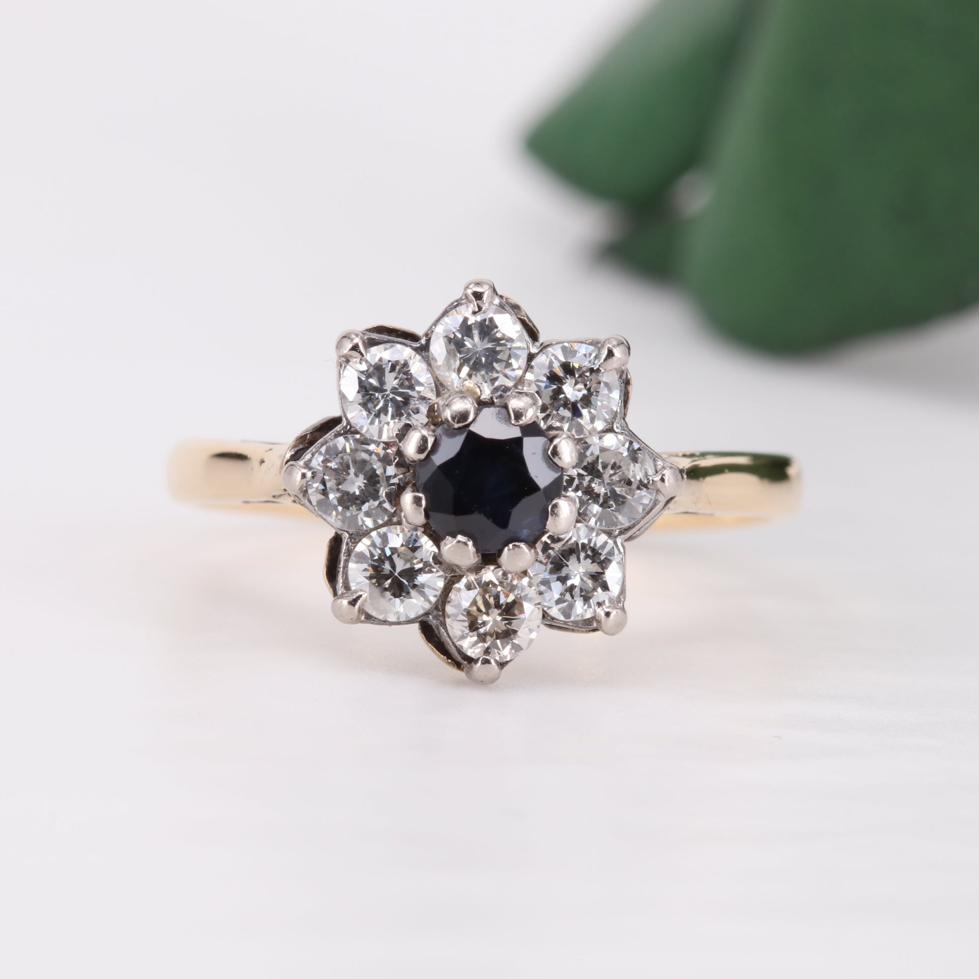 Sapphire and Diamond Flower Halo 18ct Gold Ring 1979 Vintage Secondhand Pre-Owned Jewellery Front