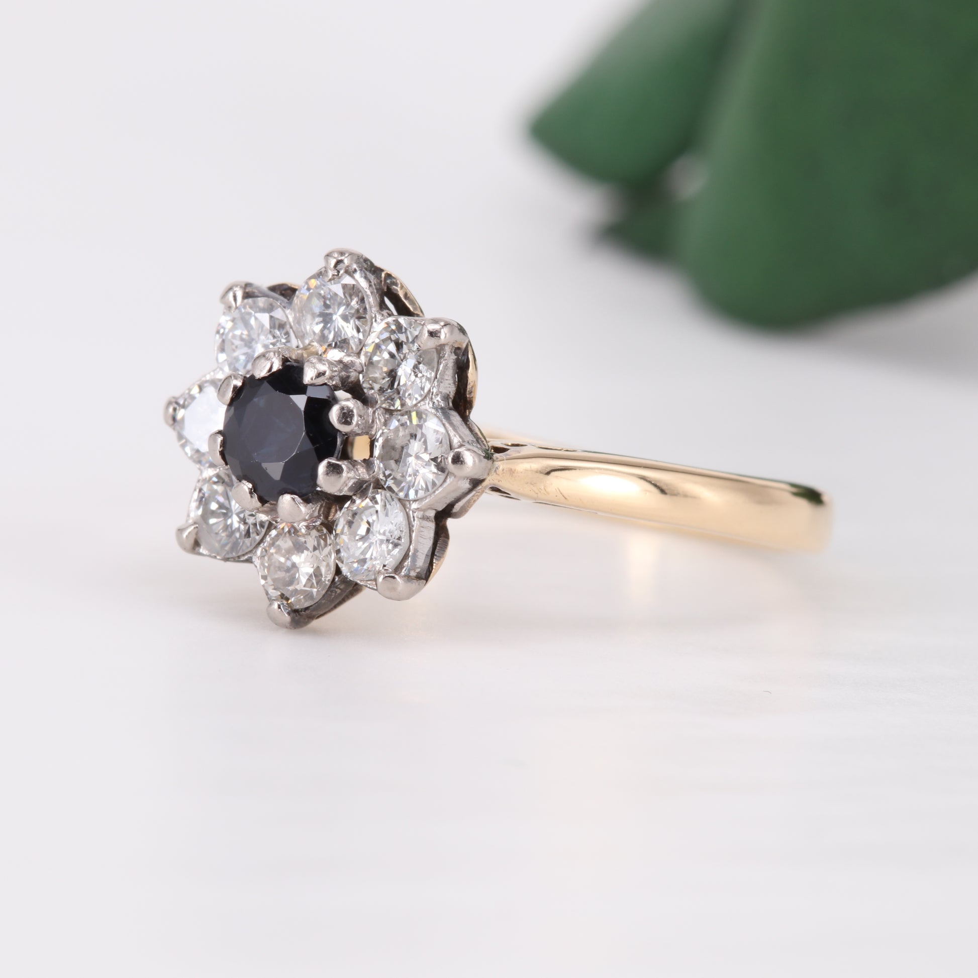 Sapphire and Diamond Flower Halo 18ct Gold Ring 1979 Vintage Secondhand Pre-Owned Jewellery Side 1