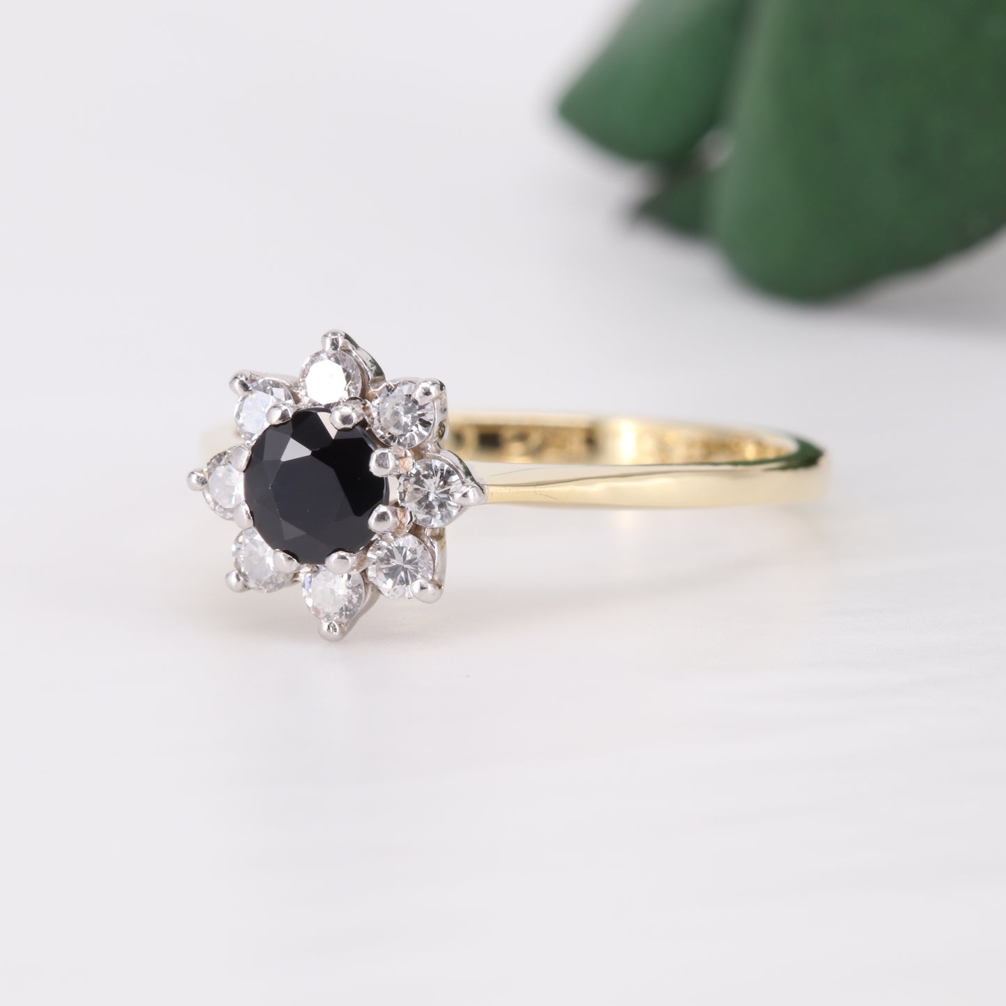 Sapphire and Diamond Halo 18ct Gold Ring 1985 Vintage Secondhand Pre-Owned Jewellery Side 1