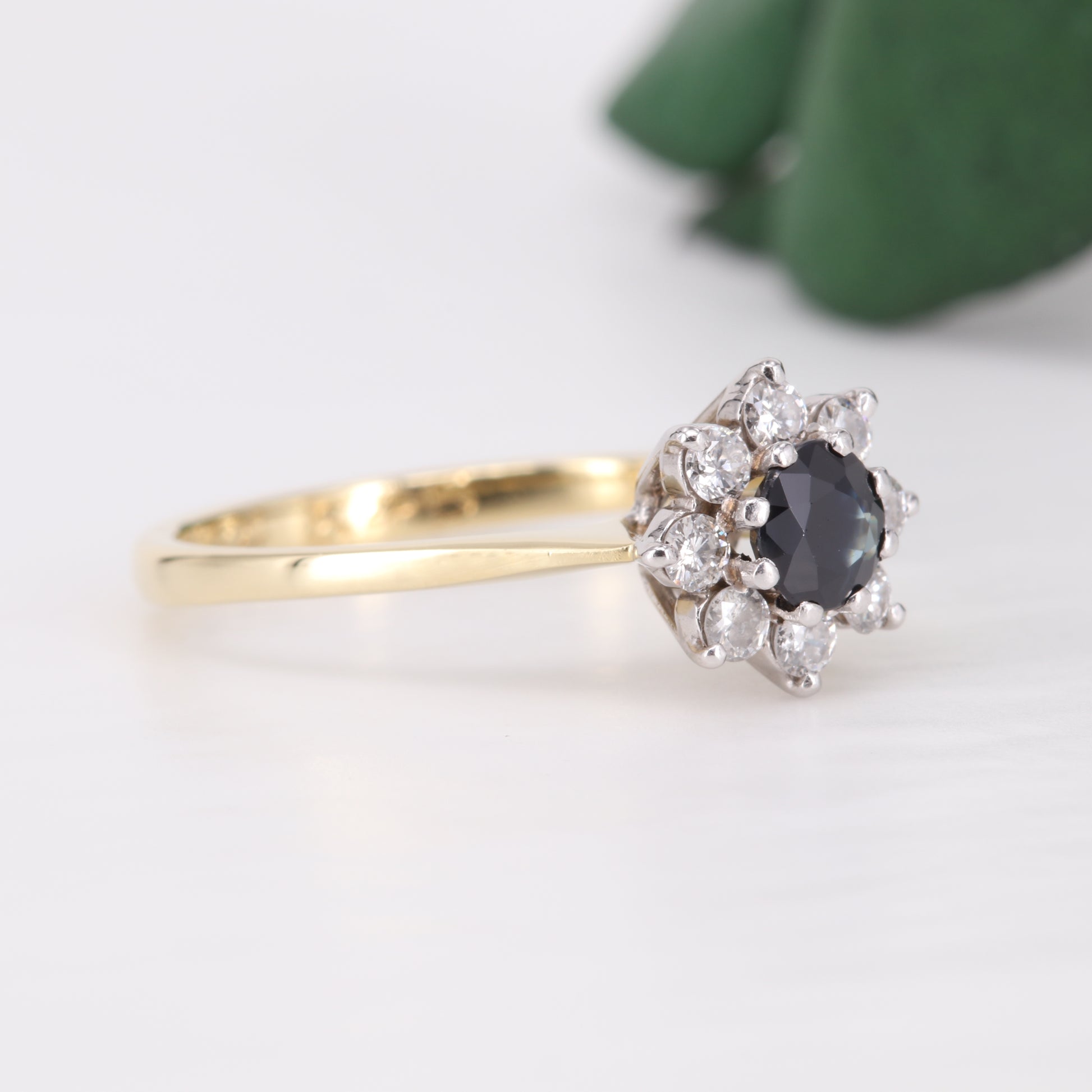 Sapphire and Diamond Halo 18ct Gold Ring 1985 Vintage Secondhand Pre-Owned Jewellery Side 2