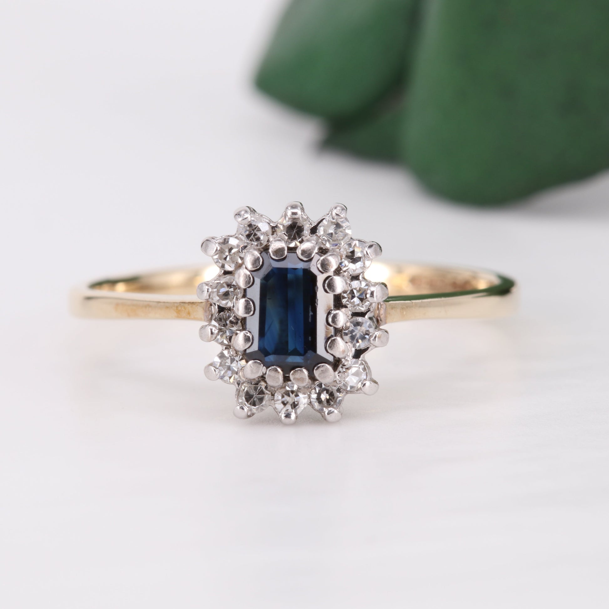 Sapphire and Diamond Halo 9ct Gold Ring 1982 Vintage Secondhand Pre-Owned Jewellery Front