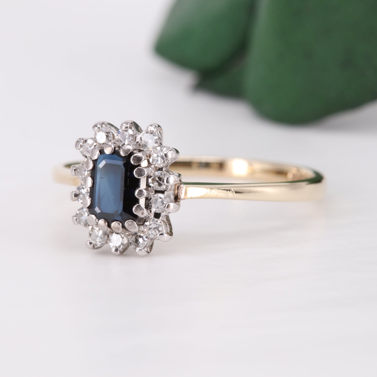 Sapphire and Diamond Halo 9ct Gold Ring 1982 Vintage Secondhand Pre-Owned Jewellery Side 1