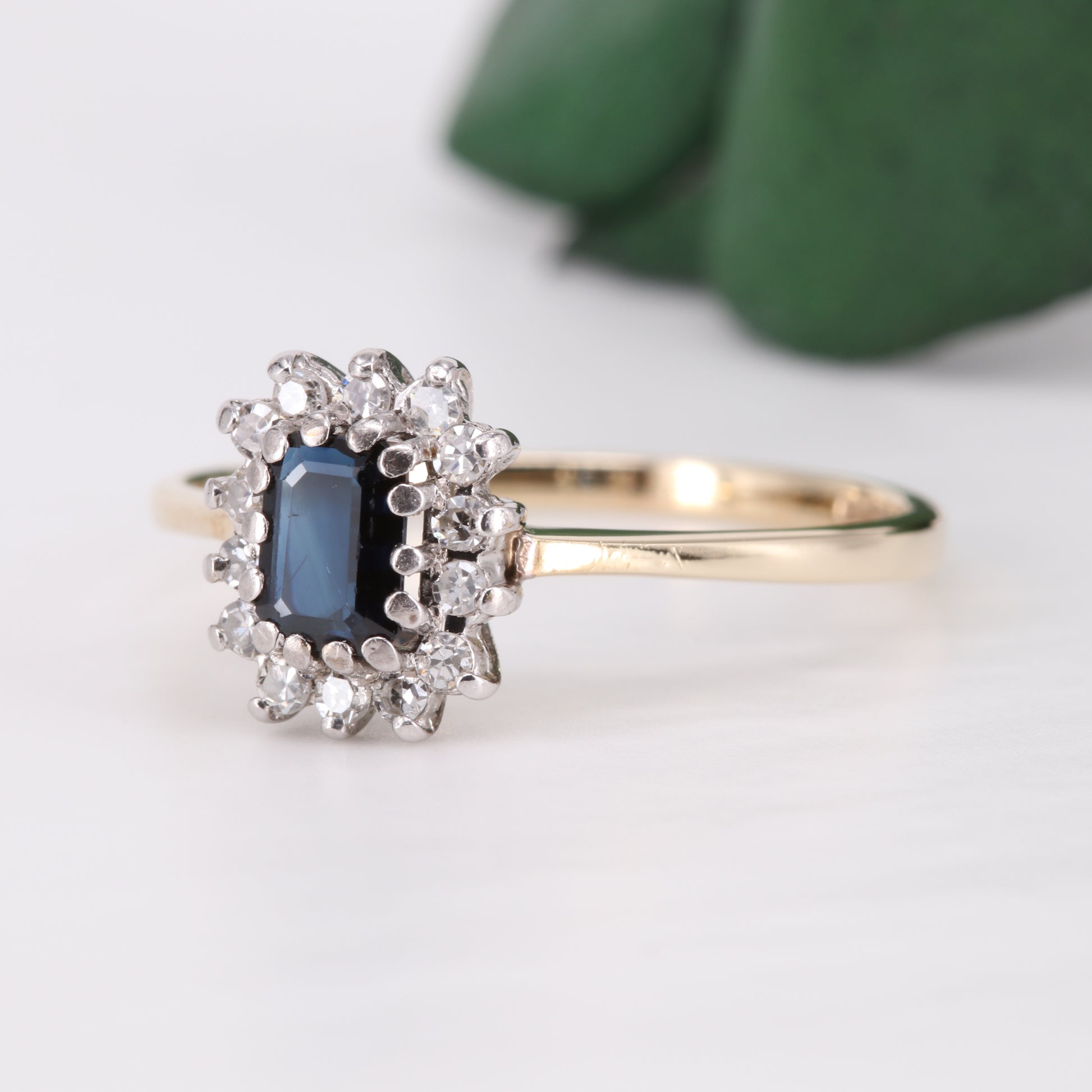 Sapphire and Diamond Halo 9ct Gold Ring 1982 Vintage Secondhand Pre-Owned Jewellery Side 1