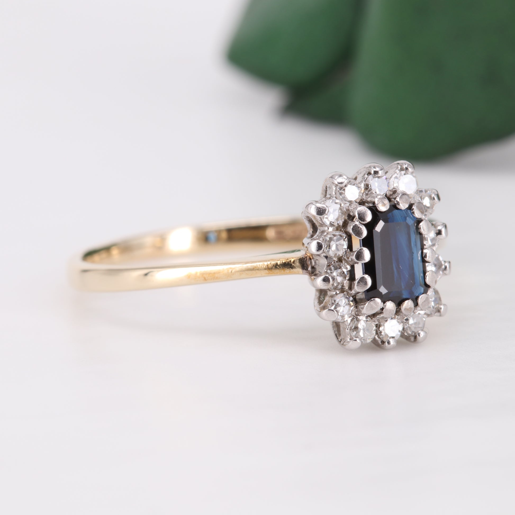 Sapphire and Diamond Halo 9ct Gold Ring 1982 Vintage Secondhand Pre-Owned Jewellery Side 2