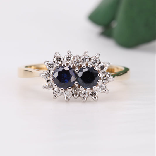Sapphire and Diamond Two-Stone 18ct Gold Ring 1981 Vintage Secondhand Pre-Owned Jewellery Front