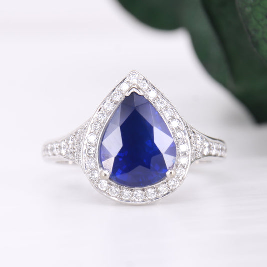 Sapphire and Diamond Pear Cut Engagement Ring 3.54ct Ceylon Sapphire Pear Cut Ring Used Sapphire and Diamond Pear Cut Pre-owned Second-hand Jewellery Front Image 